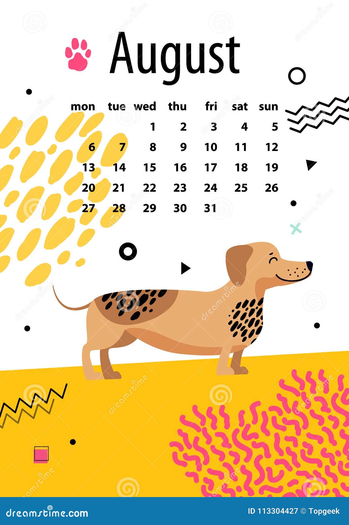 August Calendar for 2018 Year with Funny Dachshund Stock Vector -  Illustration of celebration, placard: 113304427