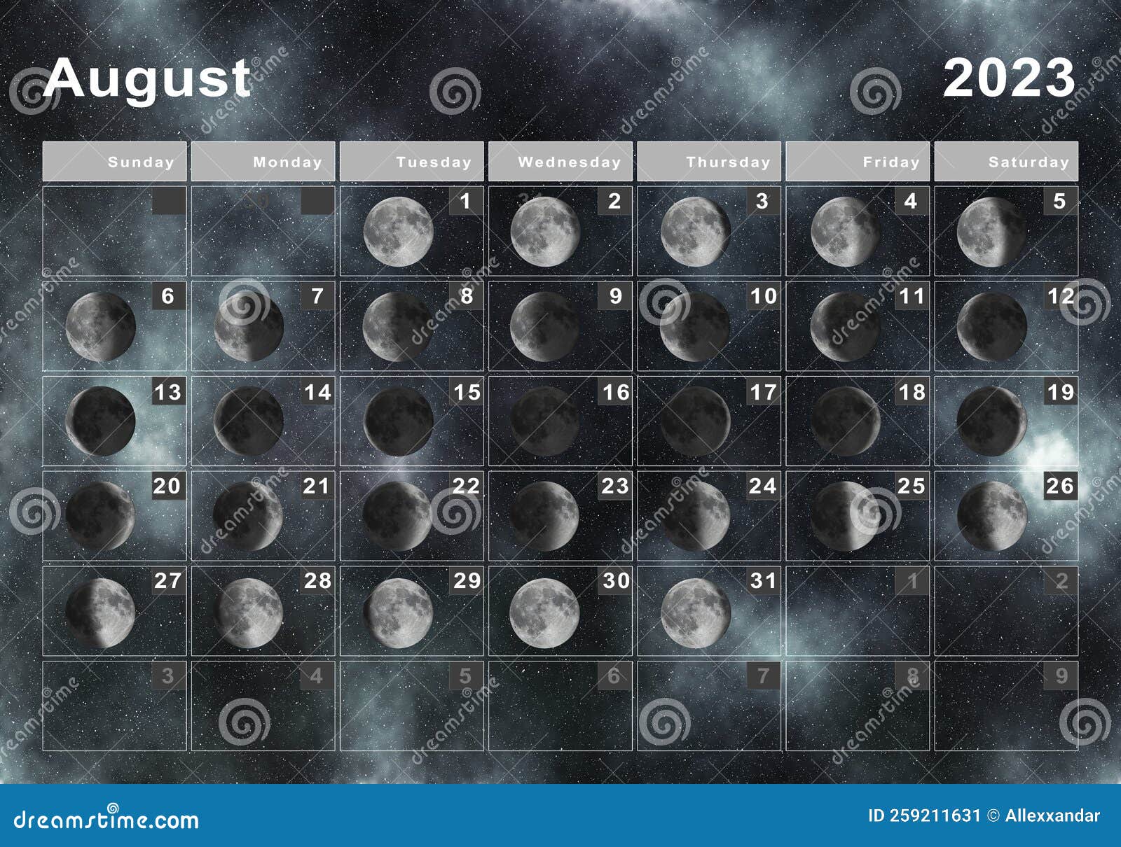 August 2023 Lunar Calendar, Moon Cycles Stock Illustration ...