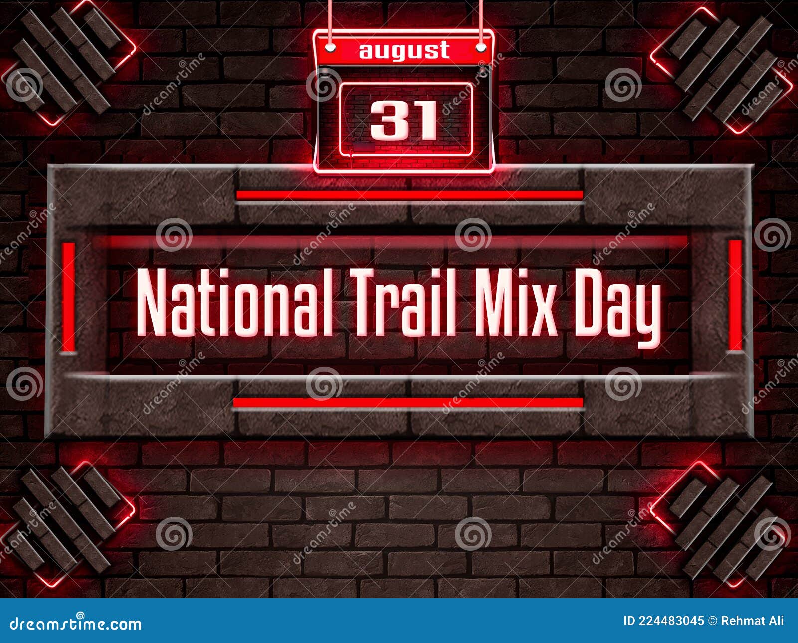 31 august, national trail mix day, neon text effect on bricks background