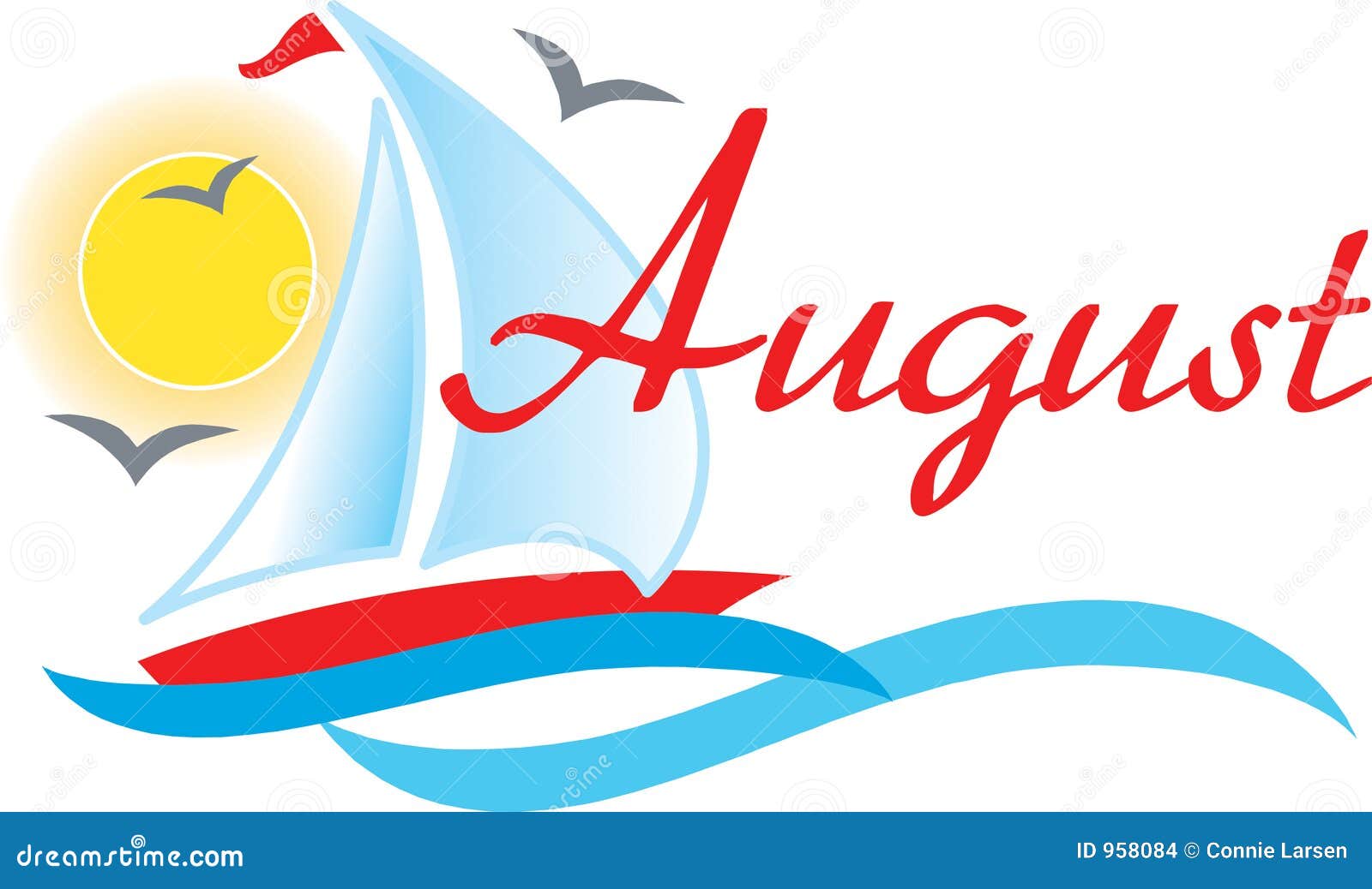 August headline with a stylized illustration of a sailboat.