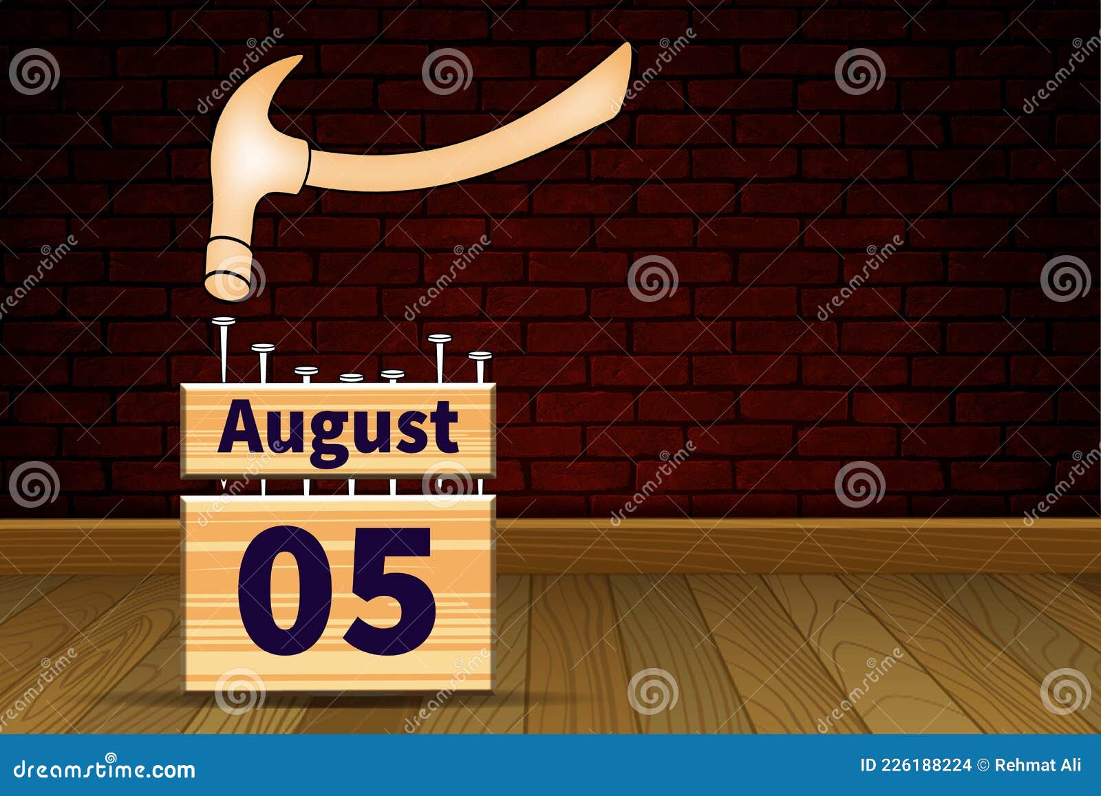 05 August Wooden Calendar, on Bricks Background Stock Illustration