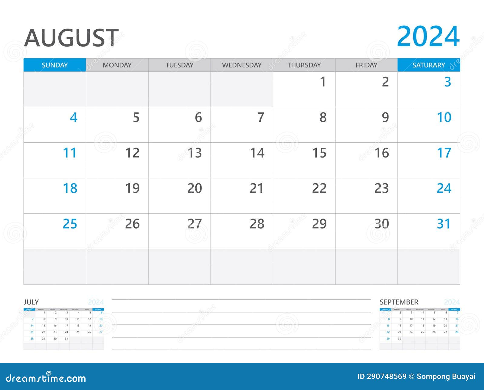 august 2024 year, calendar planner 2024 and set of 12 months, week start on sunday. desk calendar 2024 , simple and clean