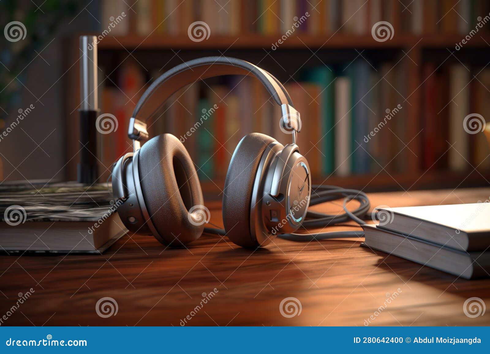 aural exploration of literature, books and headphones on wooden table