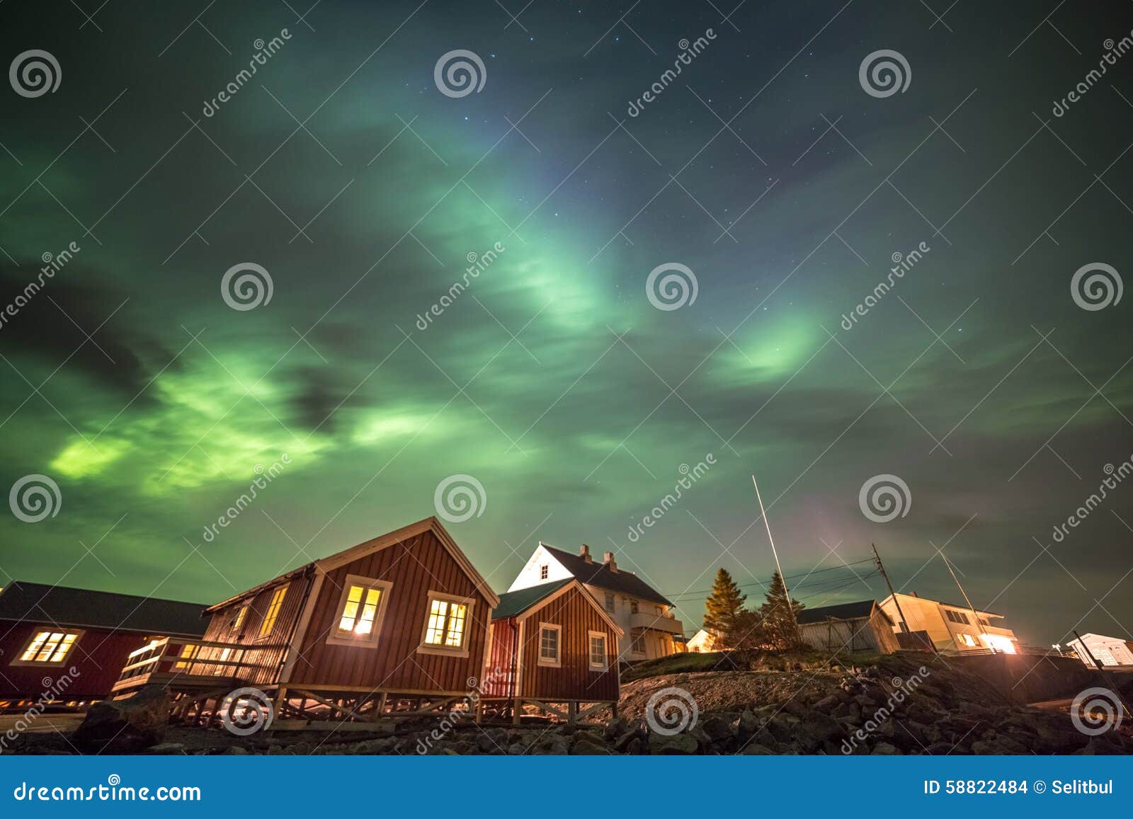 aurora borealis in hamnoy village, lofoten islands, norway