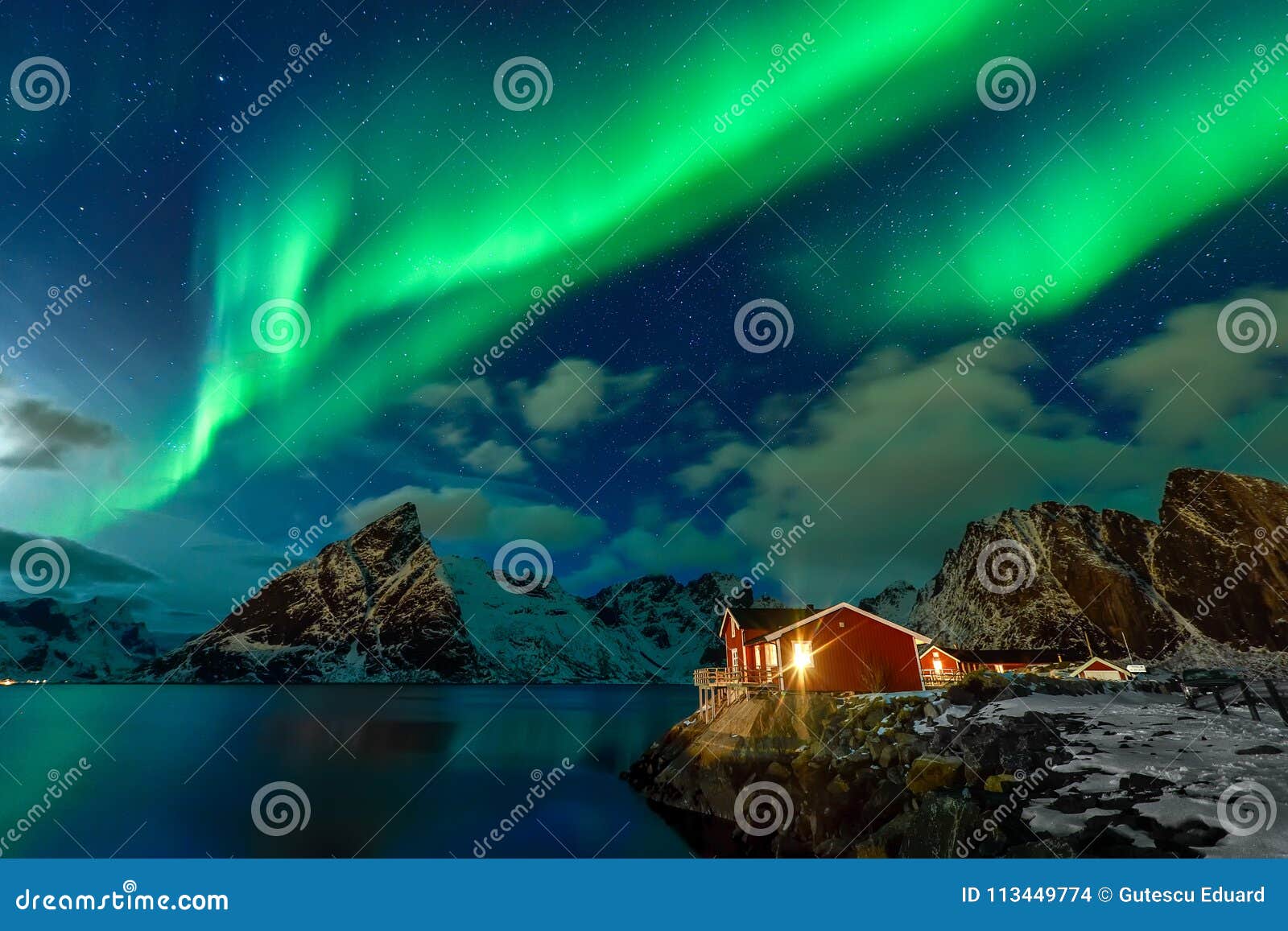 aurora borealis in lofoten archipelago, norway in the winter time