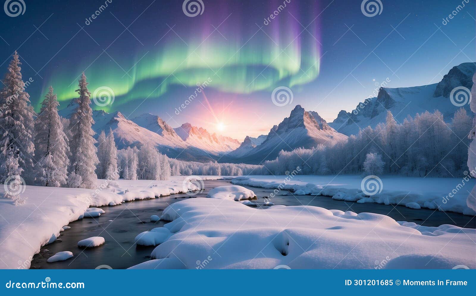 Aurora Borealis, Northern Light Over the Mountain River in Winter Stock ...