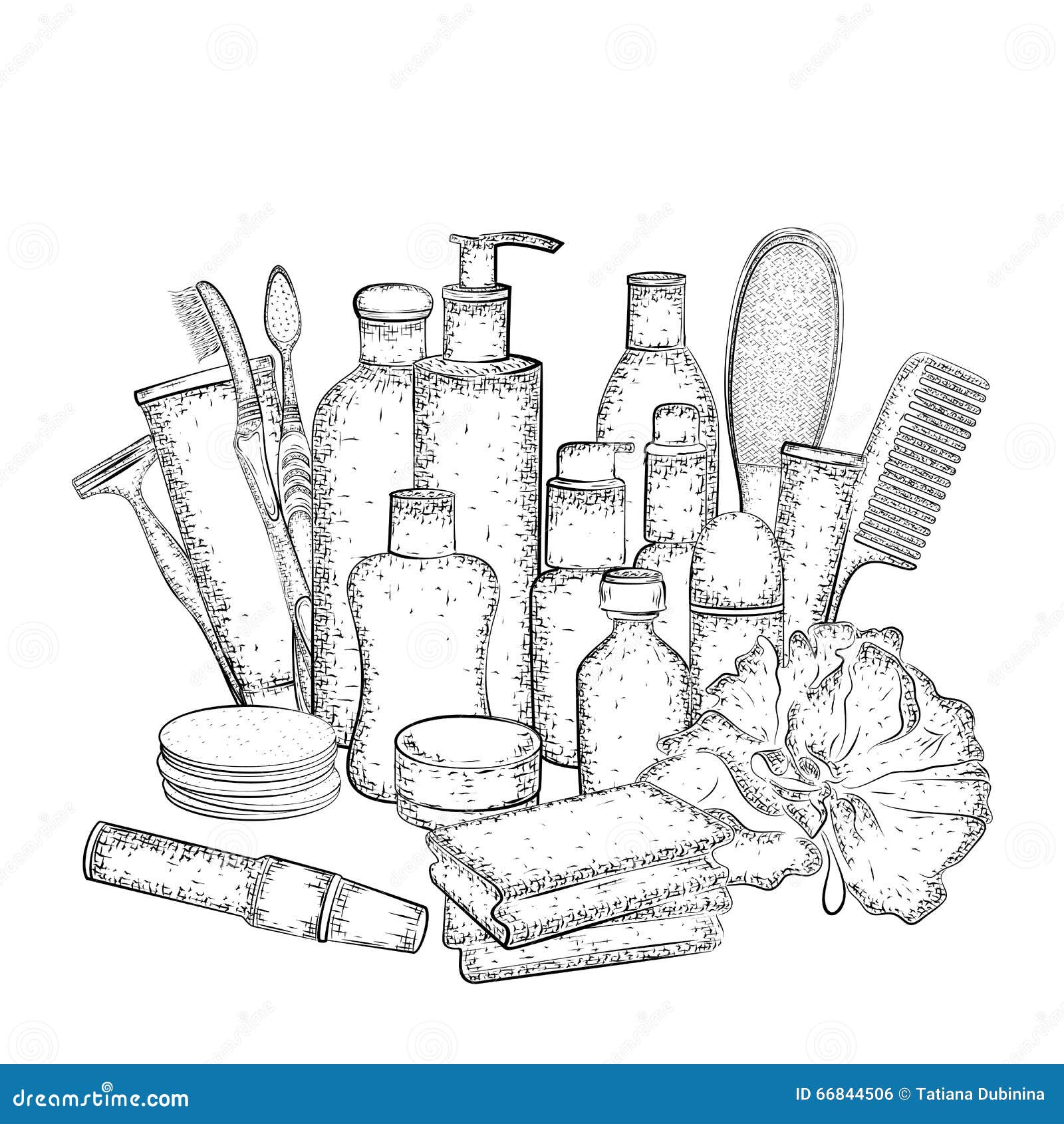 Hygienesatz Hand gezeichnete Sammlung Produkte für Körperpflege Ausführliche Skizze von Elementen für das Bad oder Dusche lokalisiert auf weißem Hintergrund Schwarzweiss-Bleistift- oder Tintenzeichnung