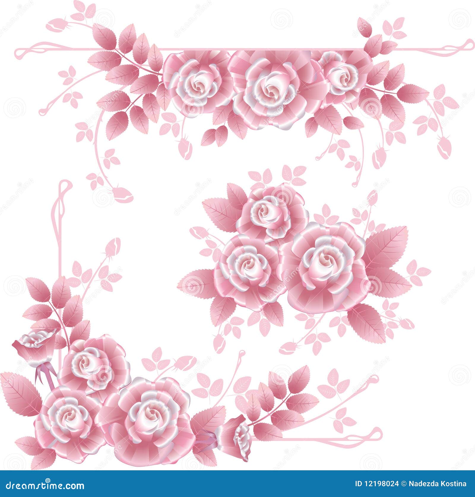 Set unterschiedliche Auslegungelemente mit rosafarbenen seidigen Rosen. Ecken-, zentrale und horizontaleauslegungelemente.