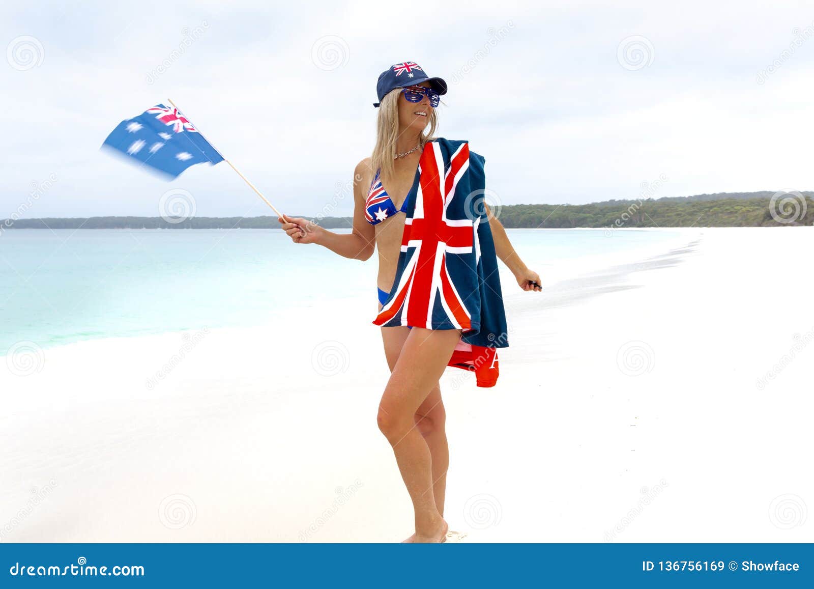 Aussie Girl Waving Australian Flag on Stunning Beach Stock - Image of suntan, beach: 136756169