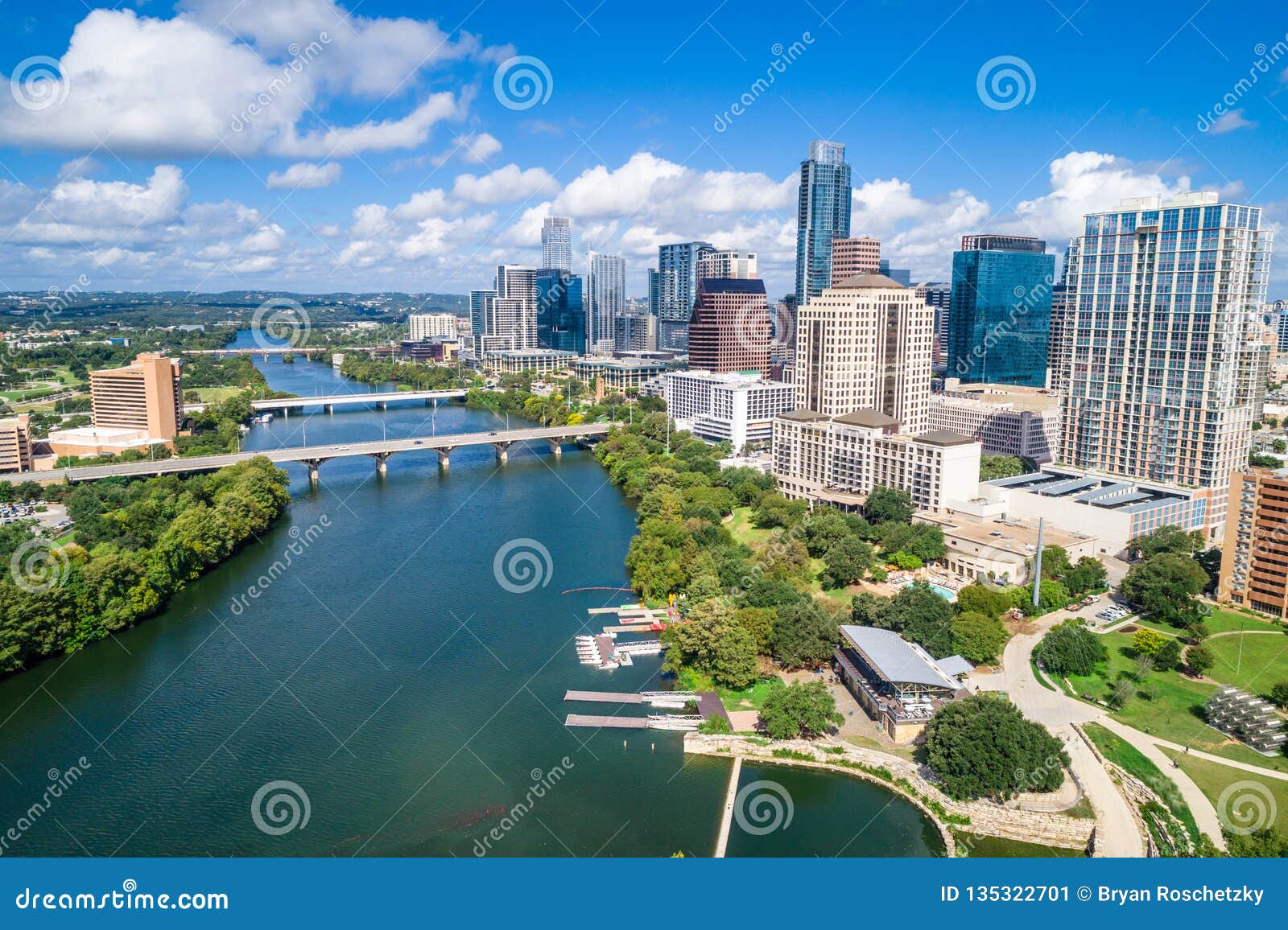 austin texas aerial drone view green landscape summer puffy clouds