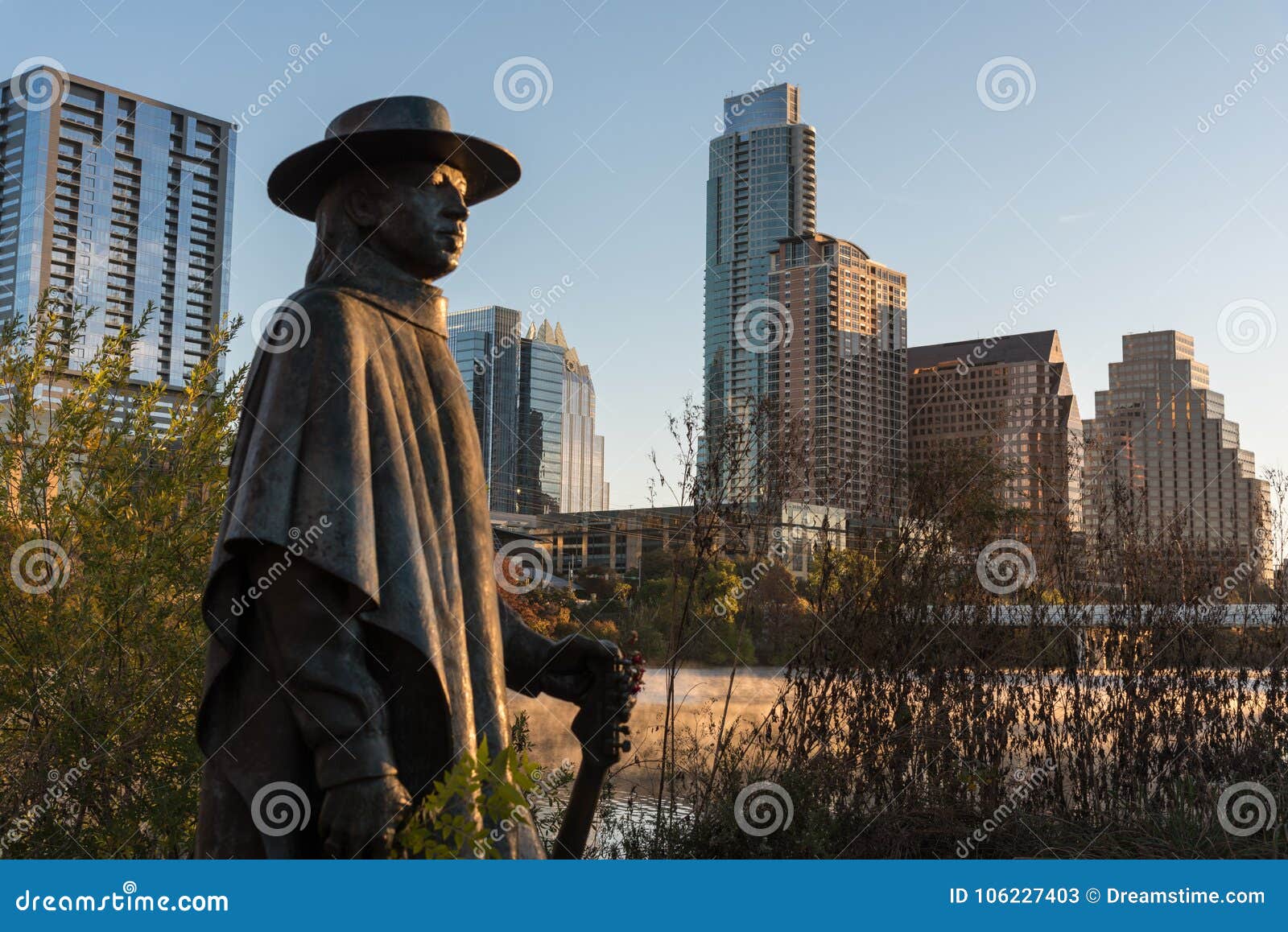 austin texas stevie ray vaughan statue at dawn