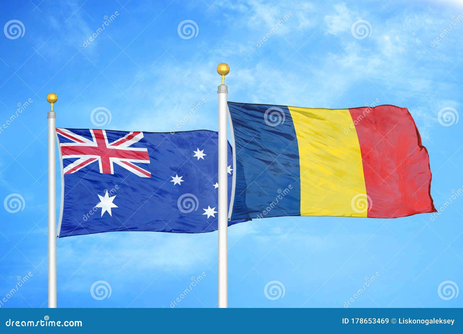 Australia and Chad Two Flags on Flagpoles and Blue Cloudy Sky Stock Image - Image symbol, australian: 178653469