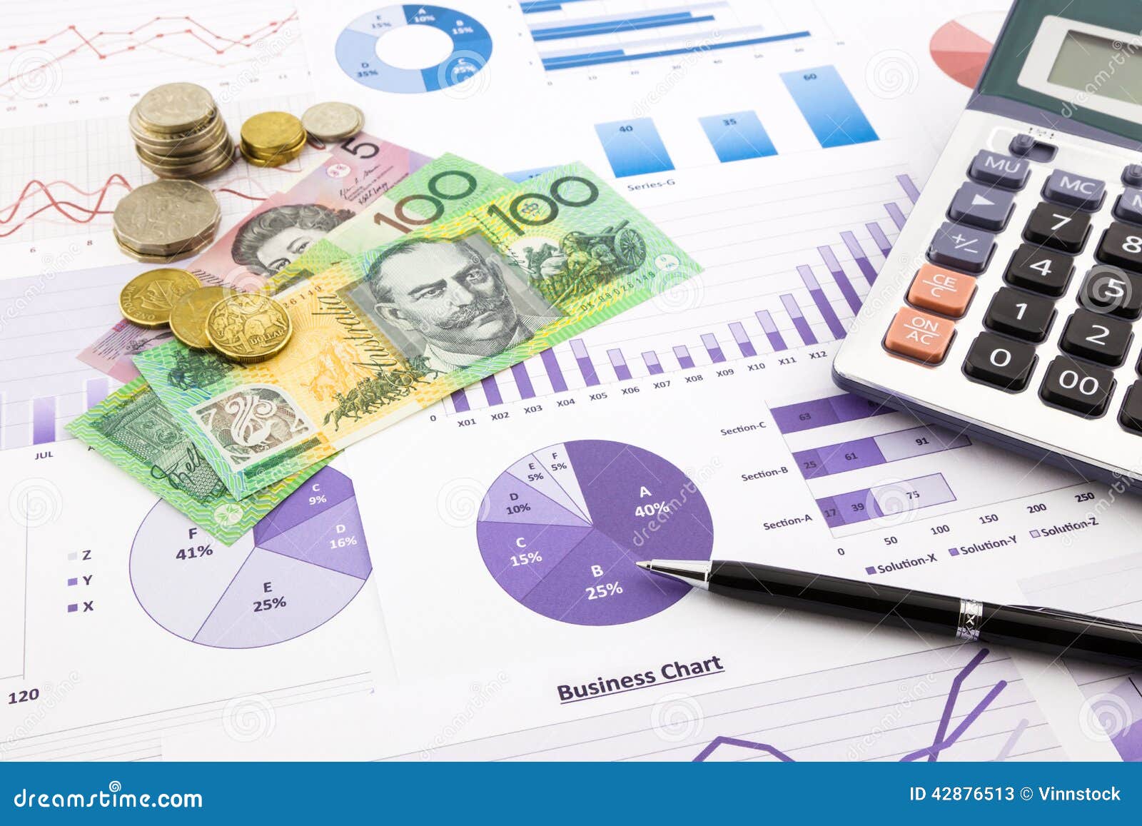 australia currency on graphs, financial planning and expense rep