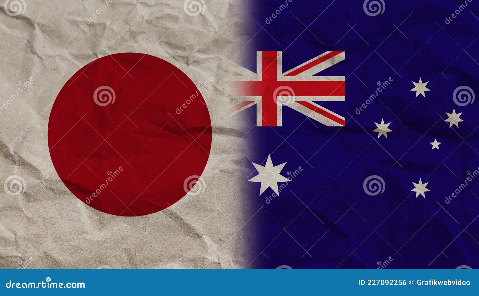 Australia and Japan Flags Together, Crumpled Paper Effect 3D