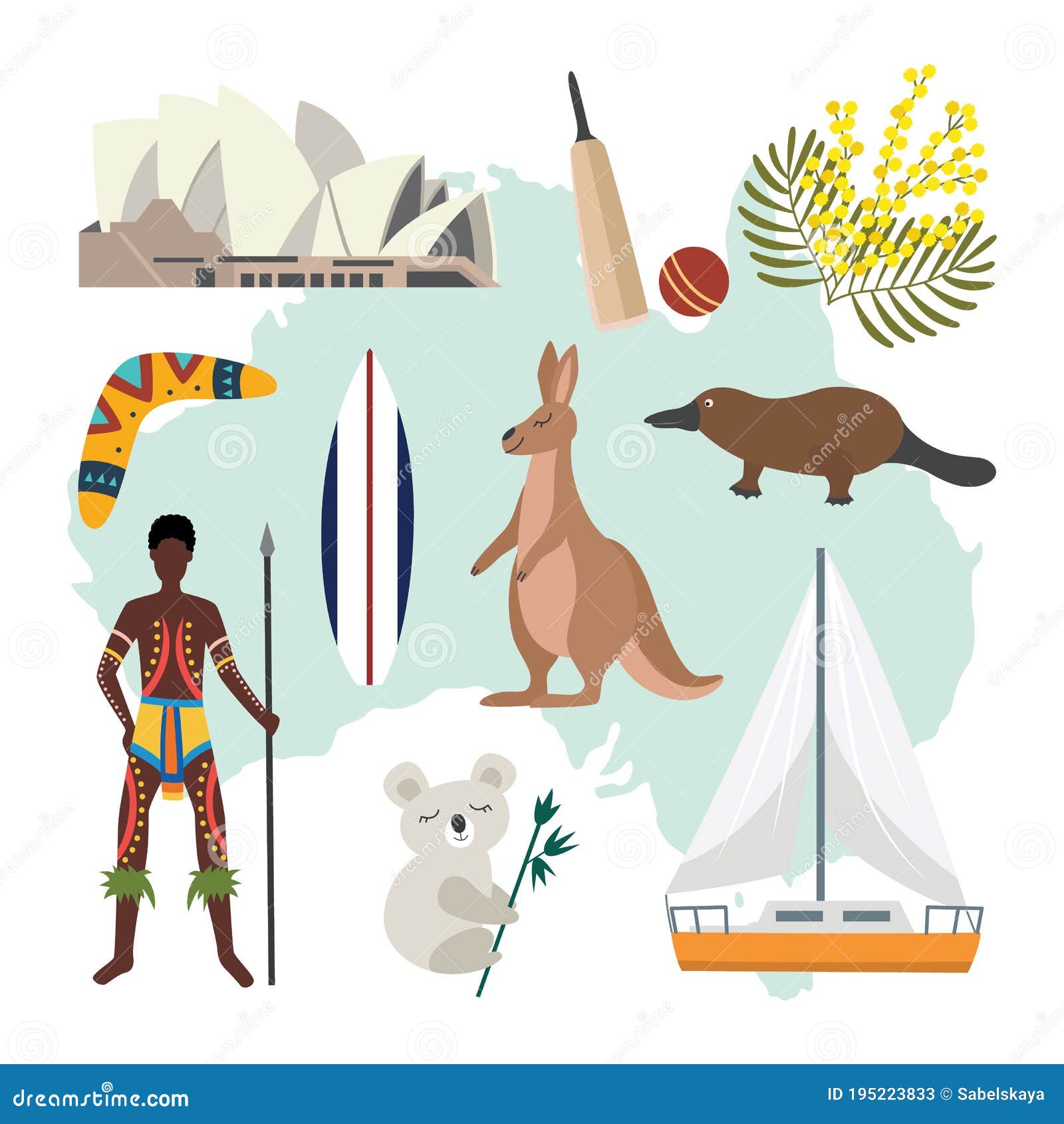 Australia Map with National Symbols and Elements Stock Photo - Illustration of animal, 195223833