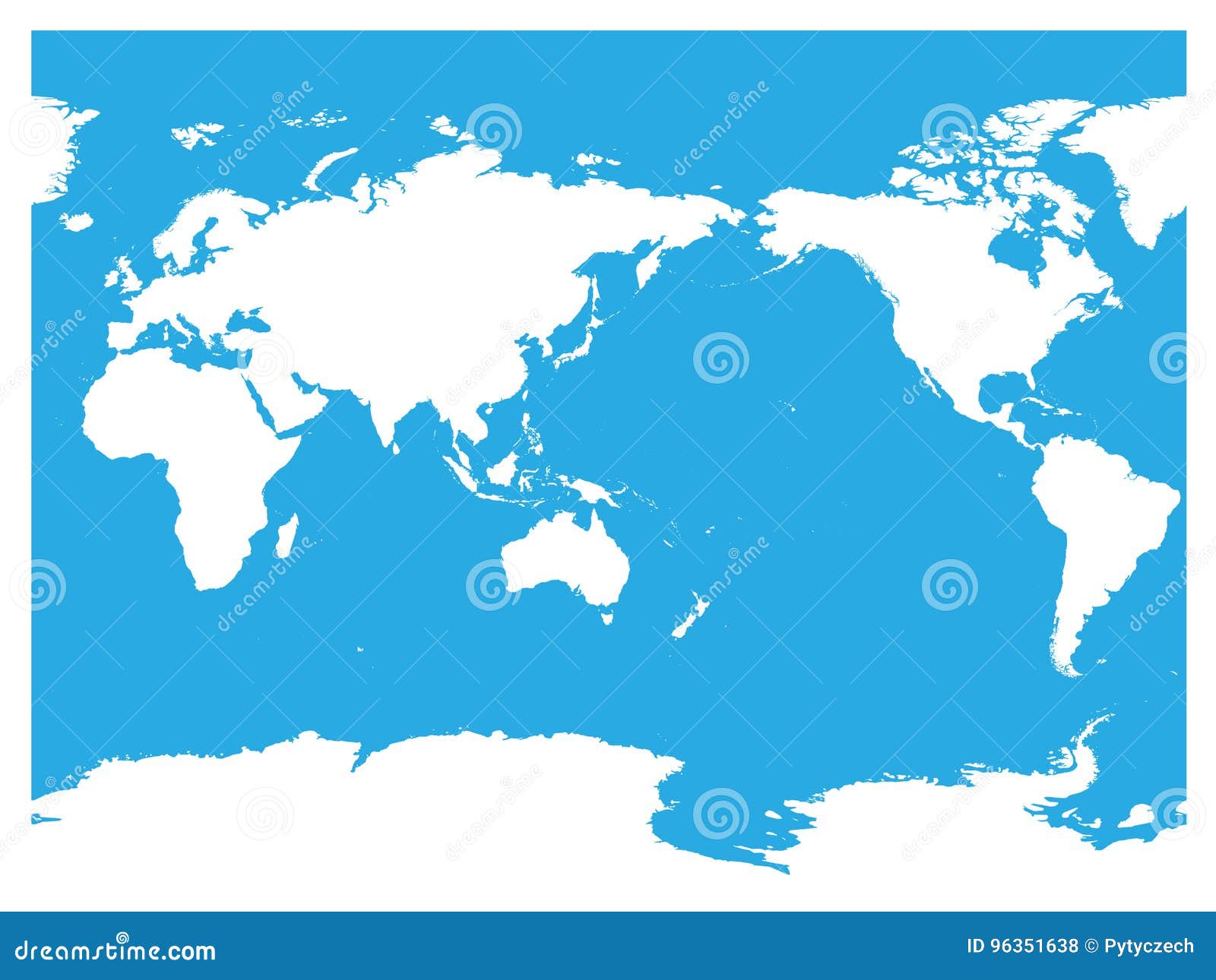 australia and pacific ocean centered world map. high detail white silhouette on blue background.  