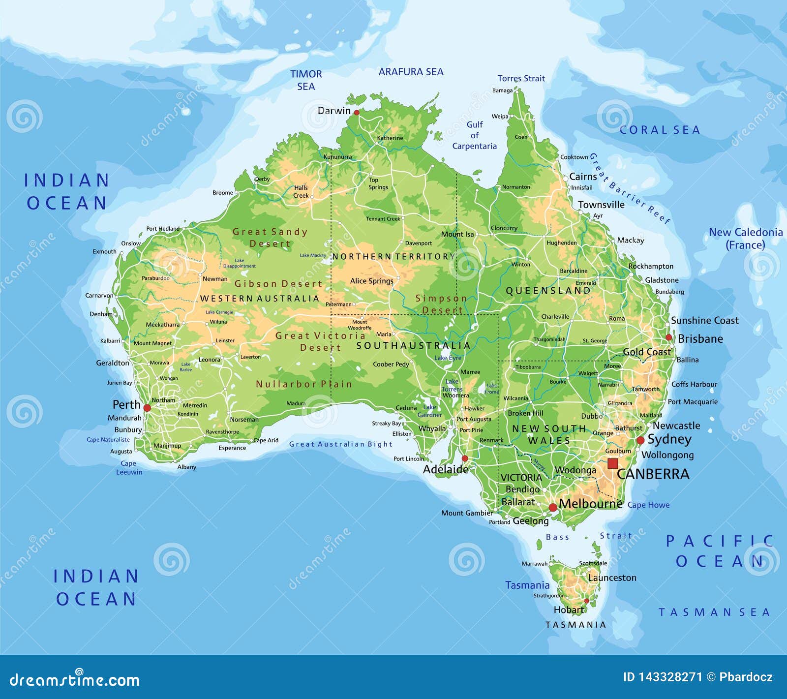 high detailed australia physical map with labeling.