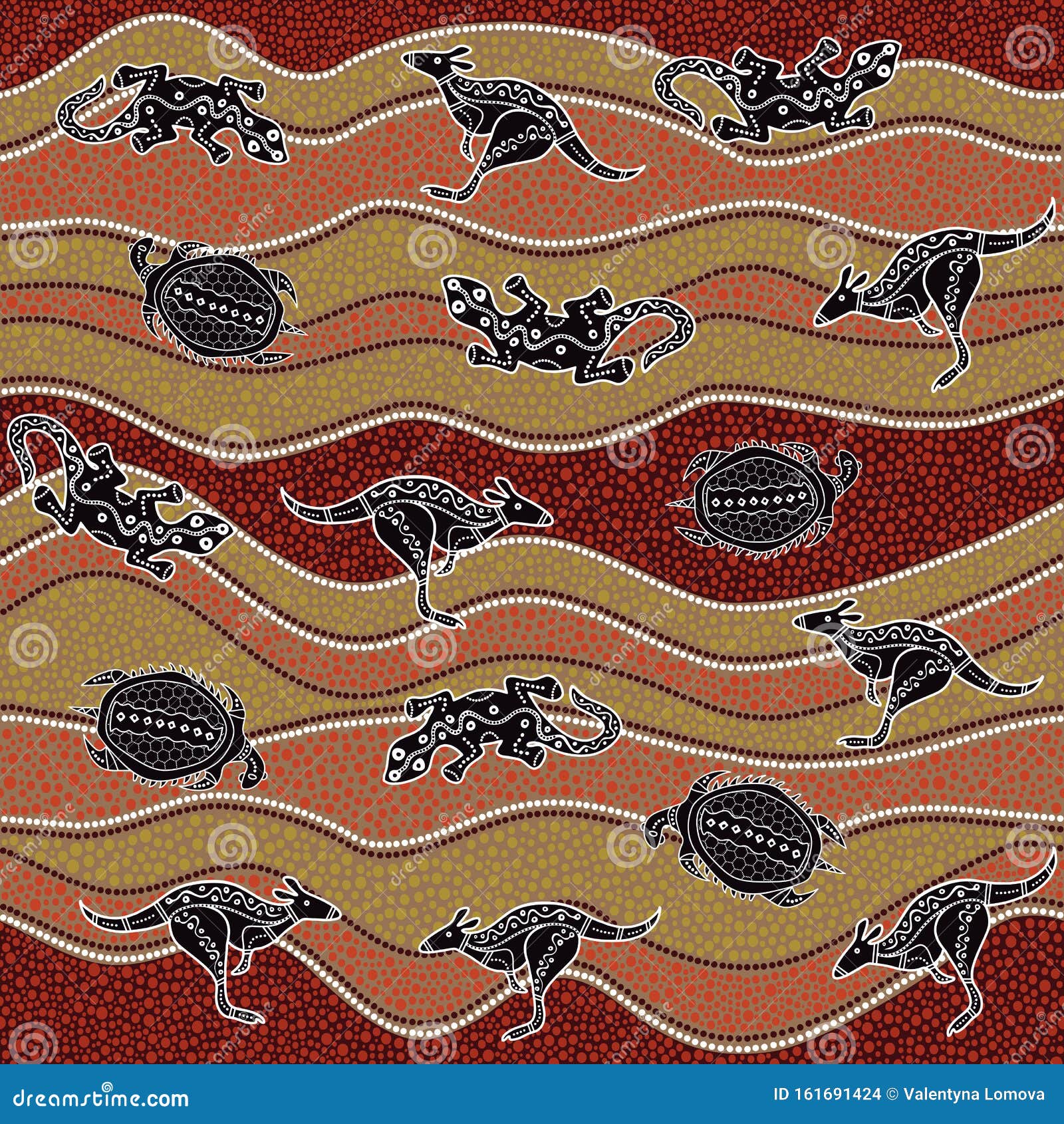 australian aboriginal art seamless  pattern with kangaroo, lizard, turtle and dotted crooked stripes