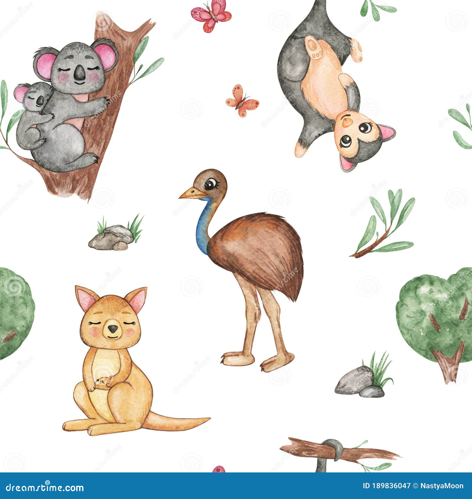 Australian Animals Seamless Pattern. Koala, Kangaroo, Opossum, Emu Ostrich.  Wallpaper, White Background. Fabric Print. Textile Stock Illustration -  Illustration of hand, drawing: 189836047