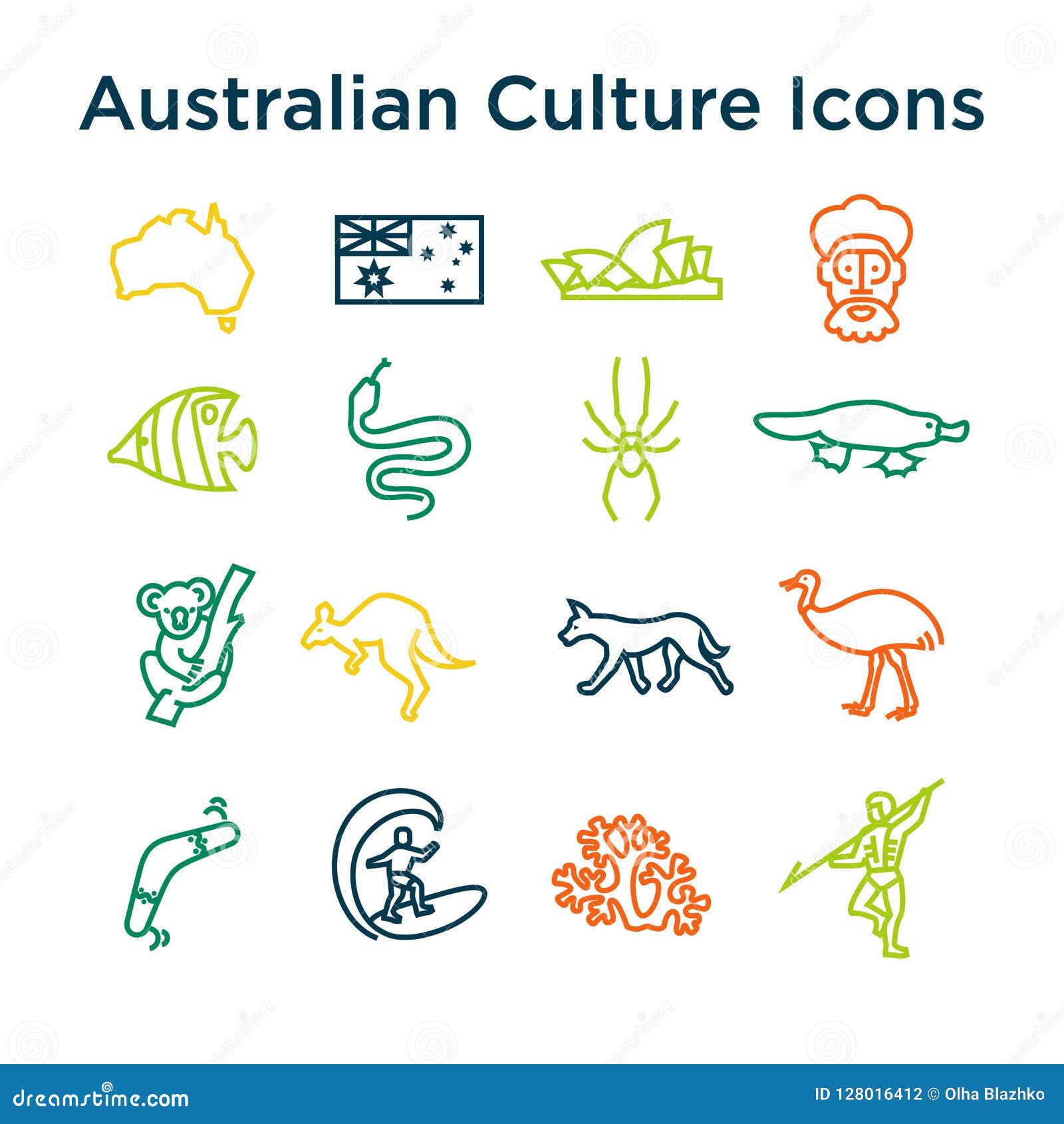 tøjlerne Hare snap Australian Culture :ine Icon Set. National Signs and Landmarks Editorial  Photography - Illustration of hair, landscape: 128016412