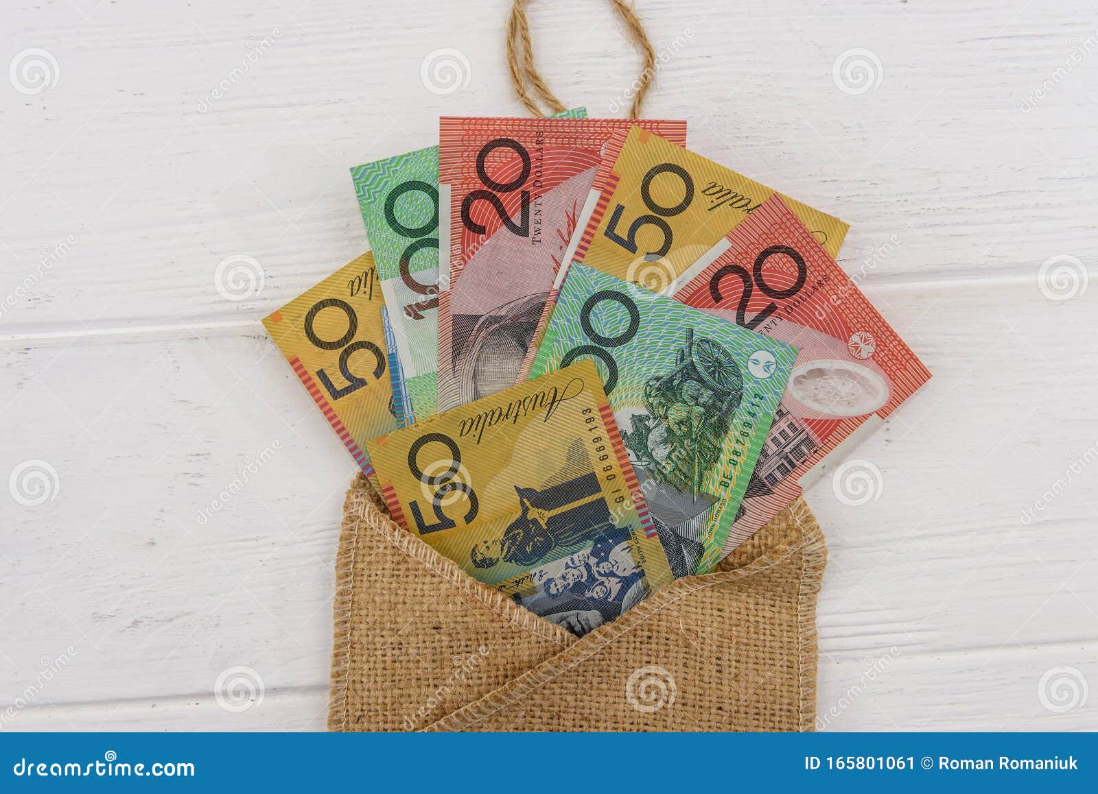 Australian Dollar Banknotes with Material Envelope on Light Background Image saving, object: 165801061