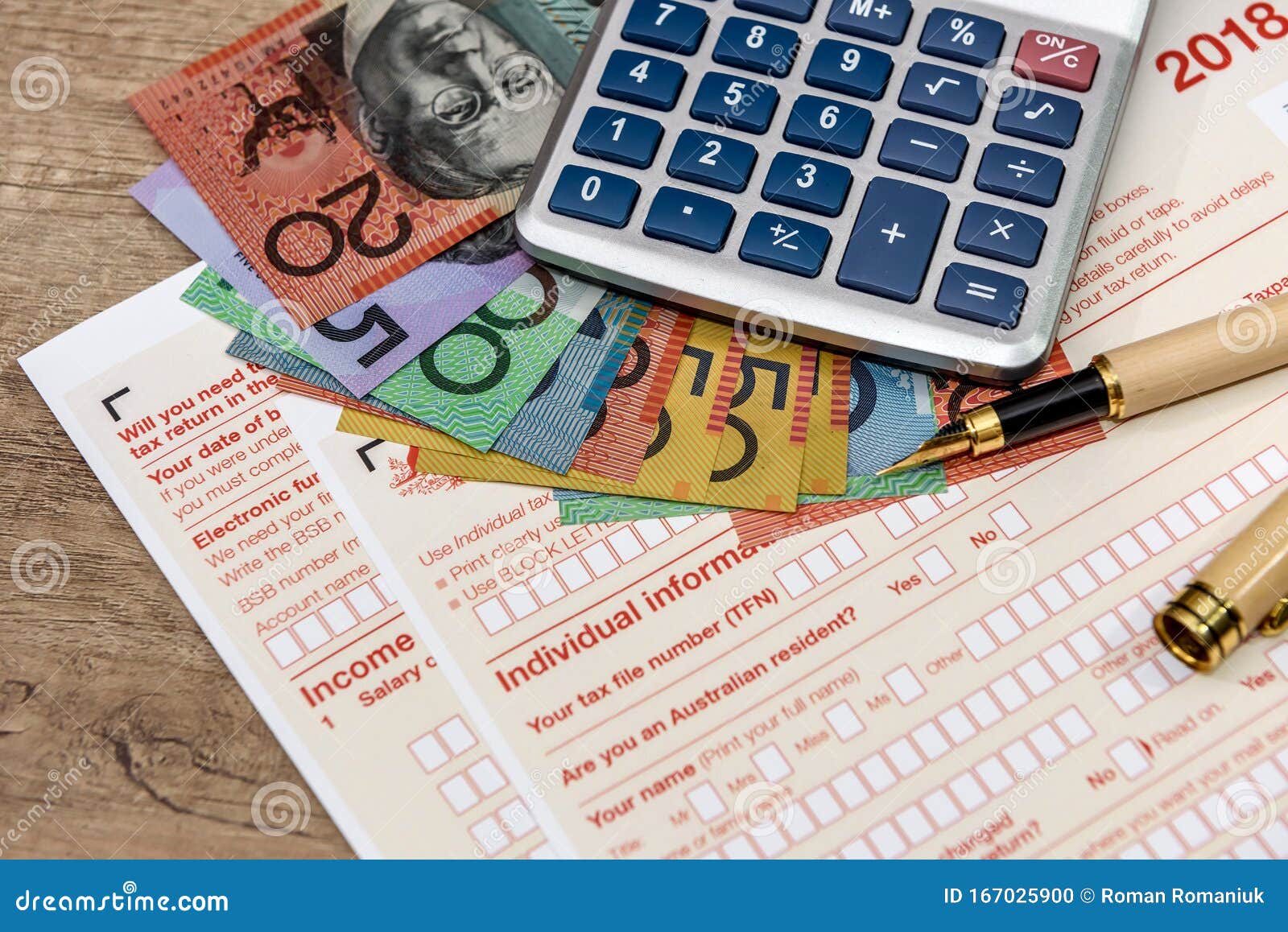 Australian Dollars with Calculator and Tax Form Editorial Image