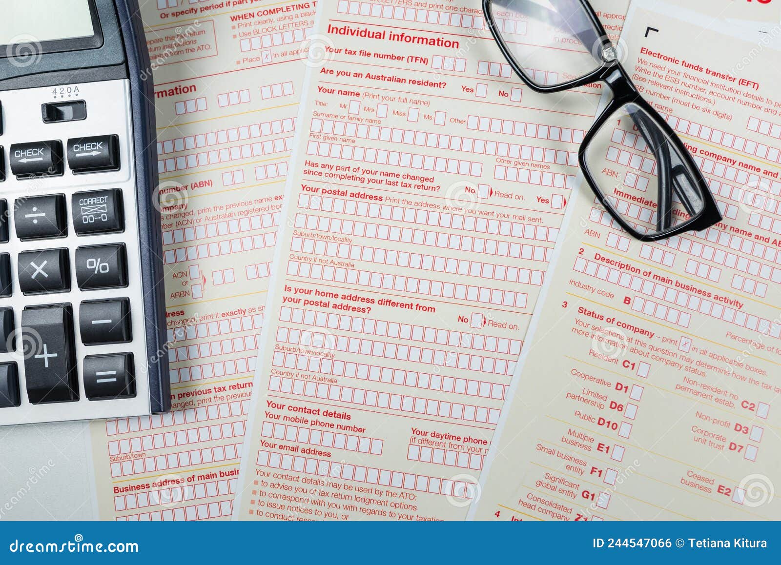 Australian Tax Forms with Calculator and Glasses Stock Photo Image of