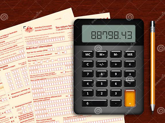 australian-tax-return-with-calculator-and-pencil-on-wooden-table-stock