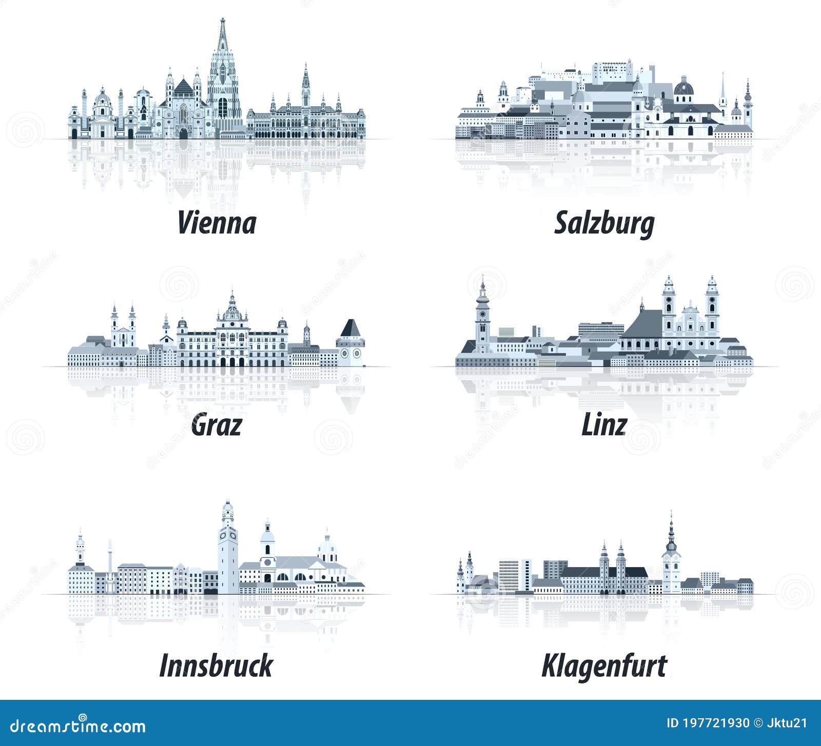 austrian cities abstract cityscapes icons in tints of blue color palette