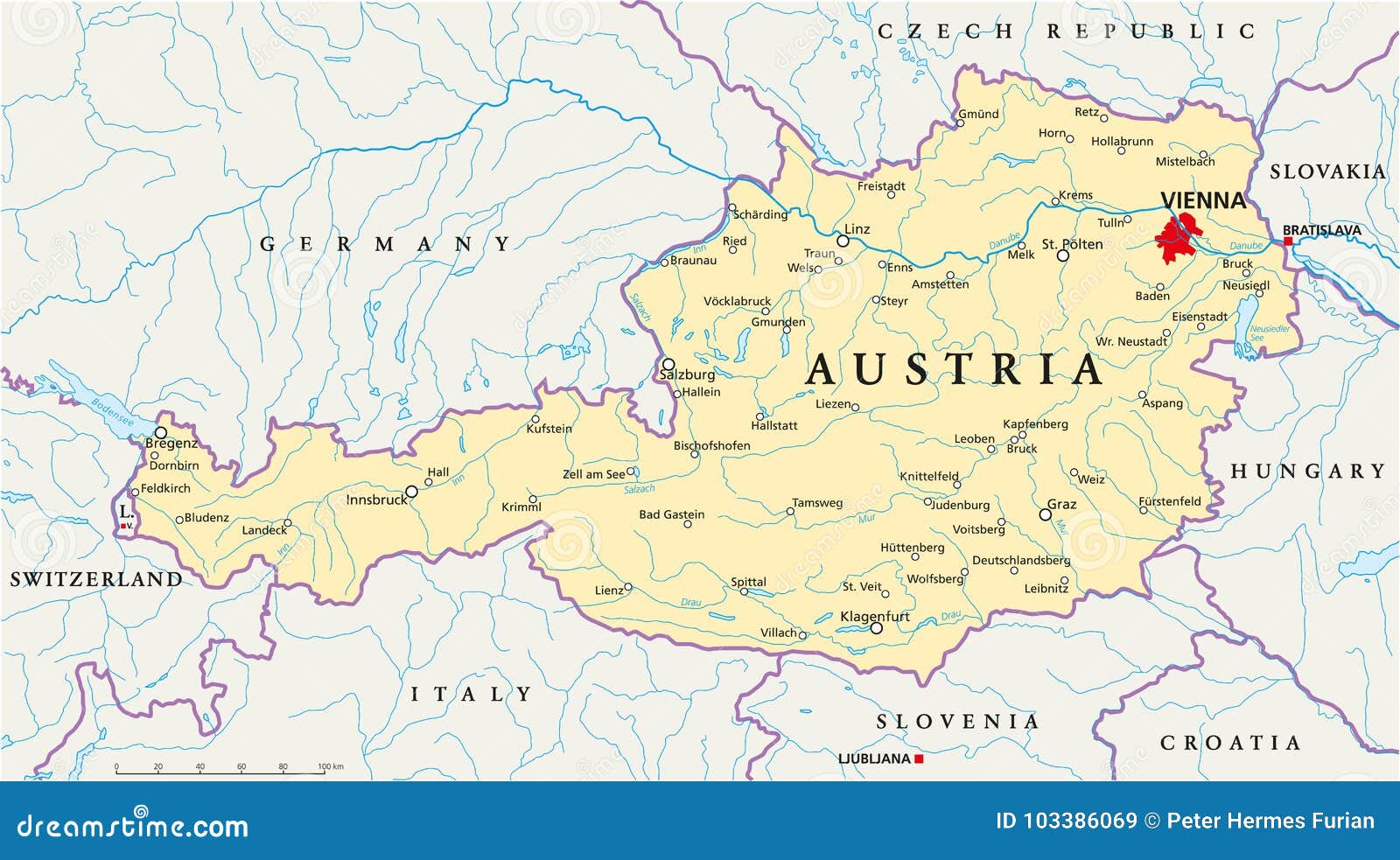 Austria Ile Km Od Polski Austria Polityczna mapa ilustracja wektor. Ilustracja złożonej z