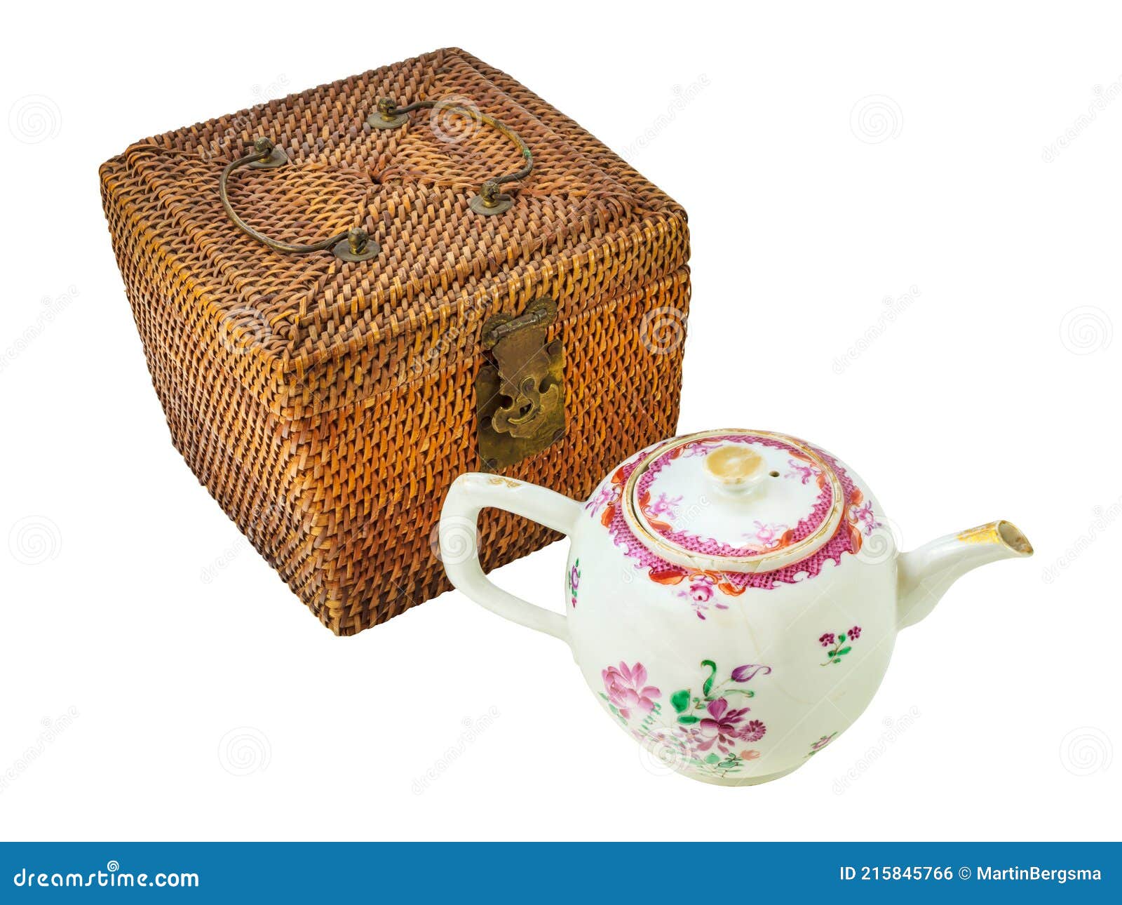 Authentic Antique Chinese Tea Pot with Basket Isolated on White Stock