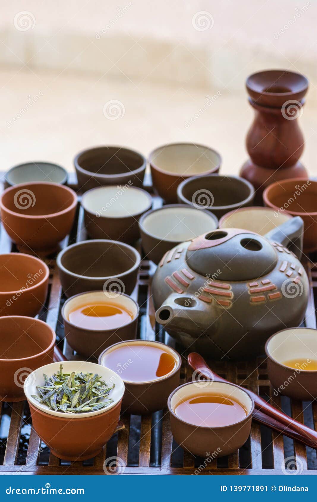 Authentic Chinese Tea Ceremony Setting. Freshly Brewed Beverage Poured