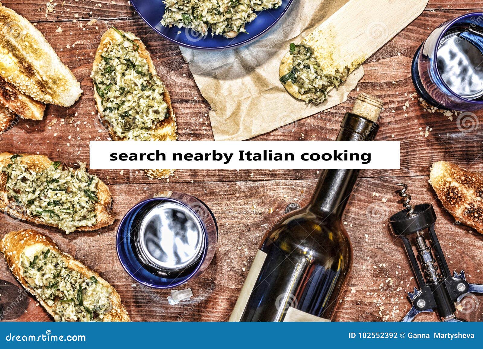 Wine and Crostini. Authentic Traditional Italian Dinner Stock Photo