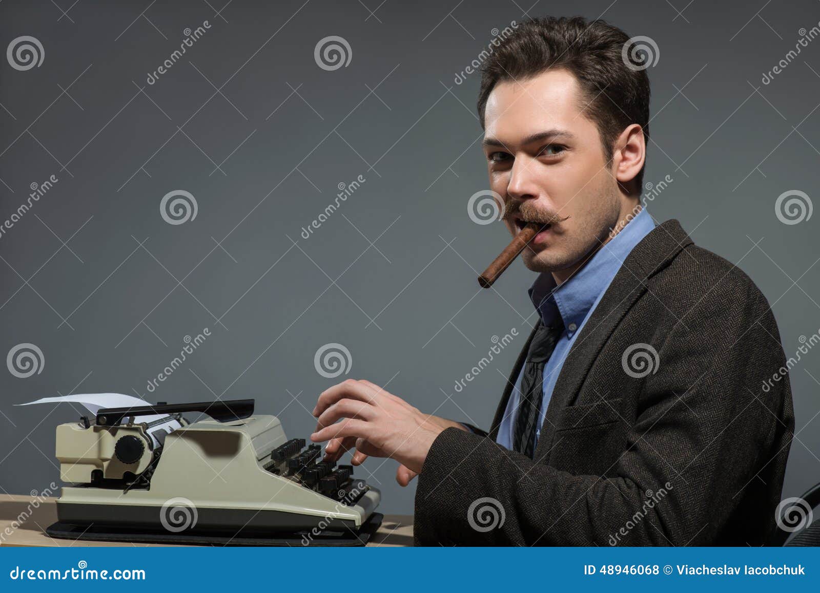 Author Smoking Cigar at Typewriter Stock Photo Image of concentrated