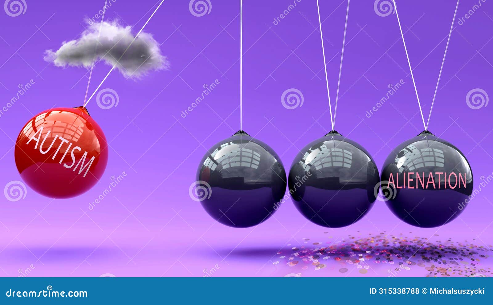 autism leads to alienation. a newton cradle metaphor showing how autism triggers alienation. cause and effect relation between