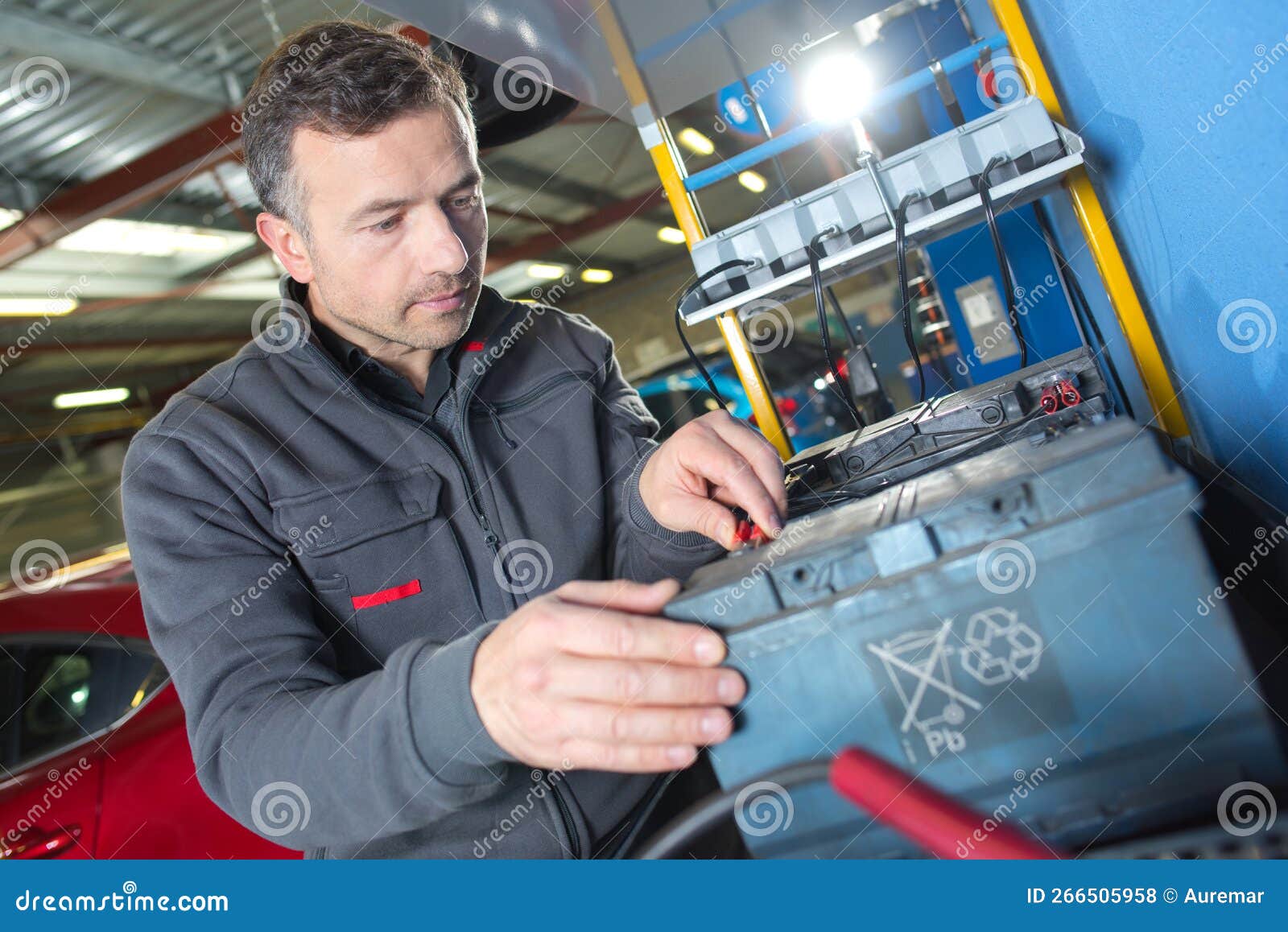 Auto Mechanic Checks Voltage Level in Car Battery Stock Photo Image