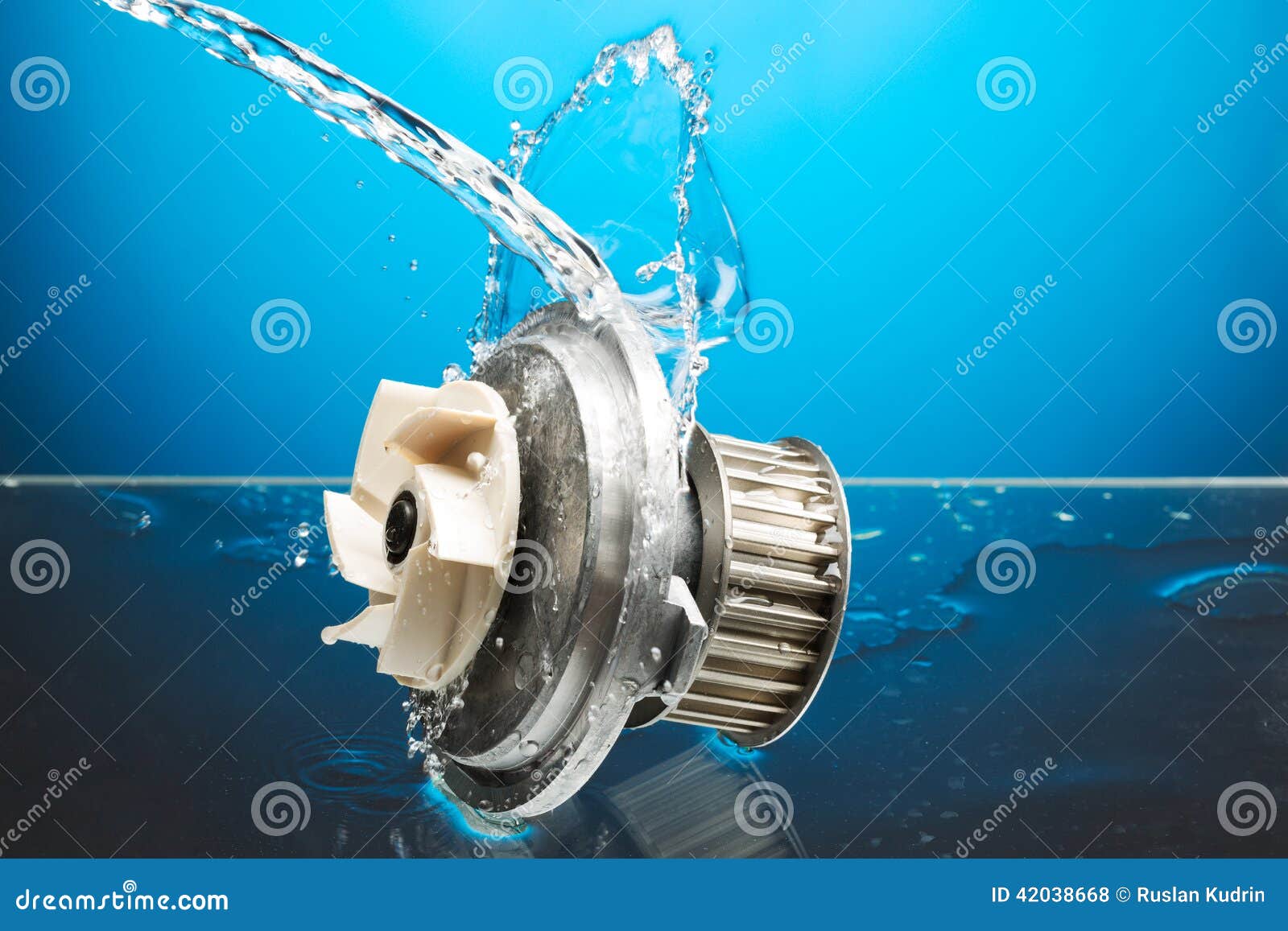Auto Parts, Engine Cooling Pump in Water Splash on Blue Background