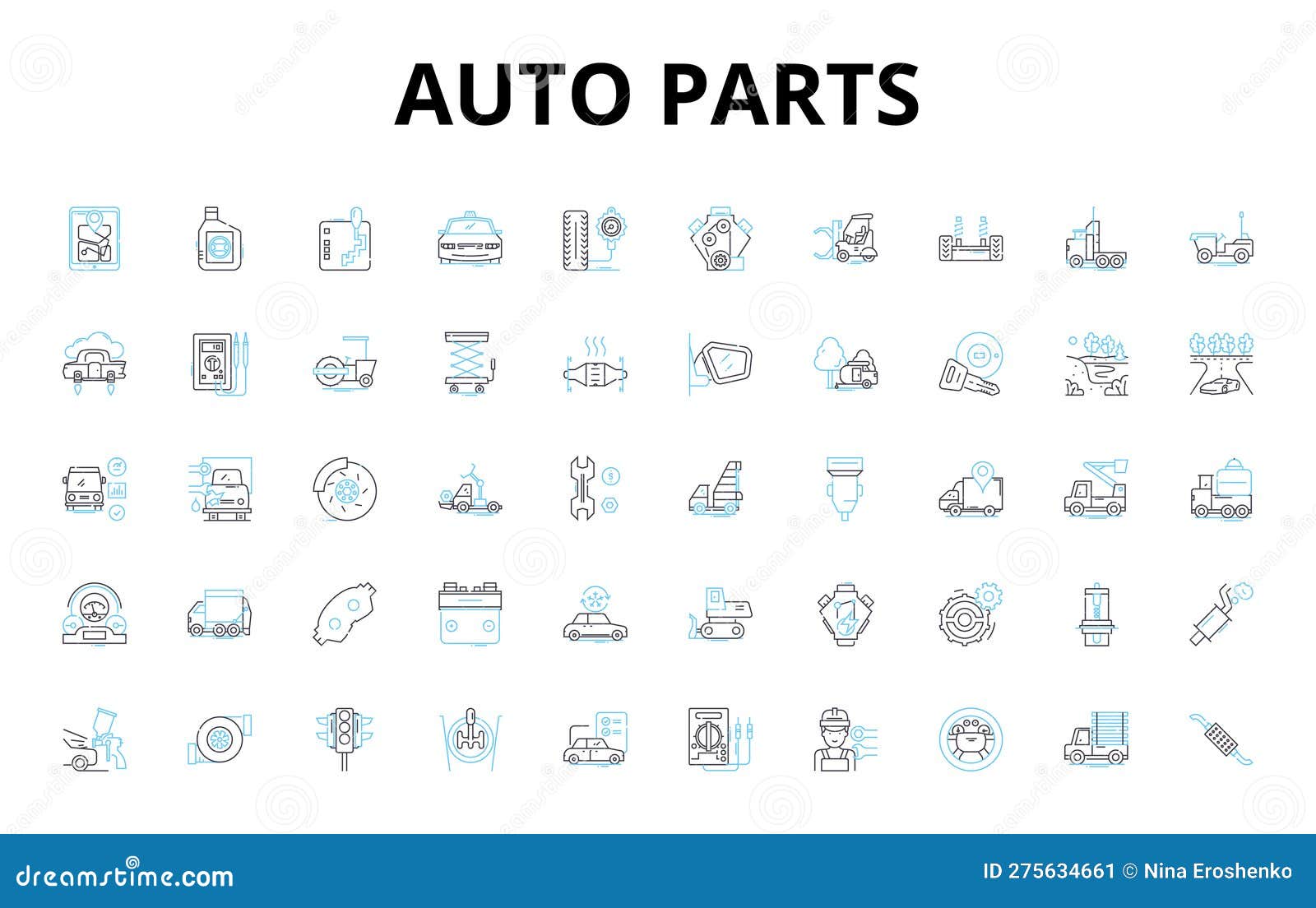 auto parts linear icons set. engine, suspension, brakes, transmission, battery, alternator, radiator  s and