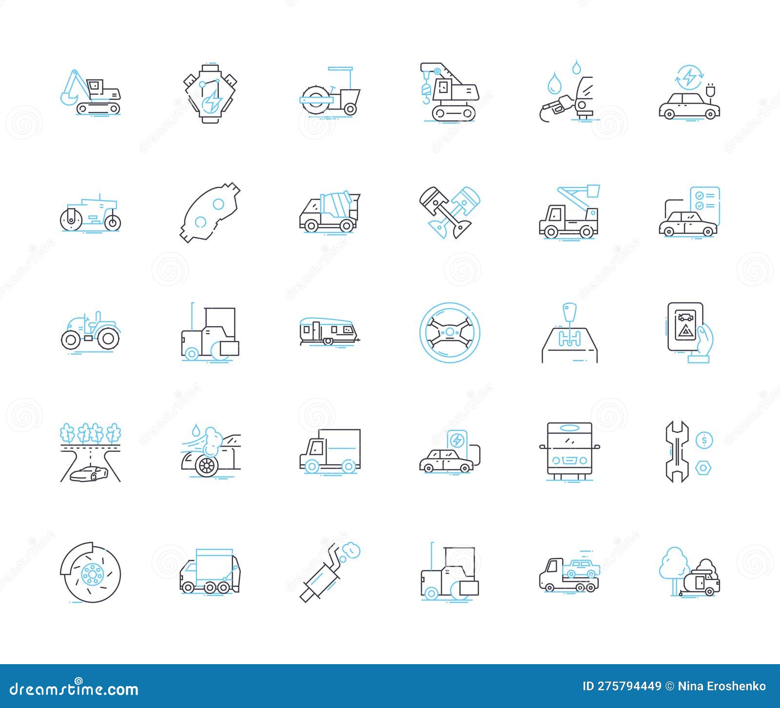 auto service industry linear icons set. mechanics, repairs, maintenance, diagnostics, alignment, oil, tires line 