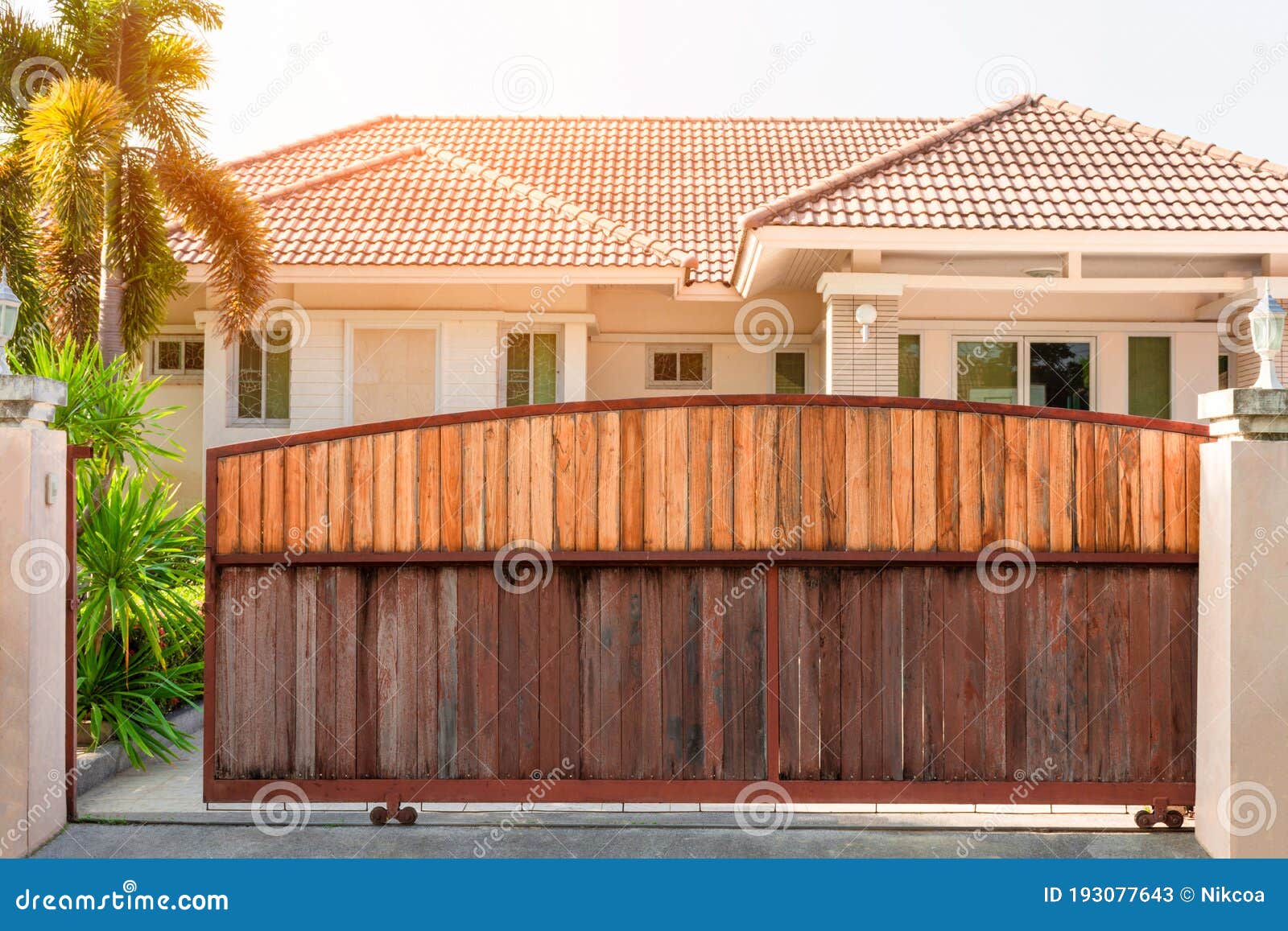 Electric Automatic Sliding Wooden Door, Auto Garage. Stock Image