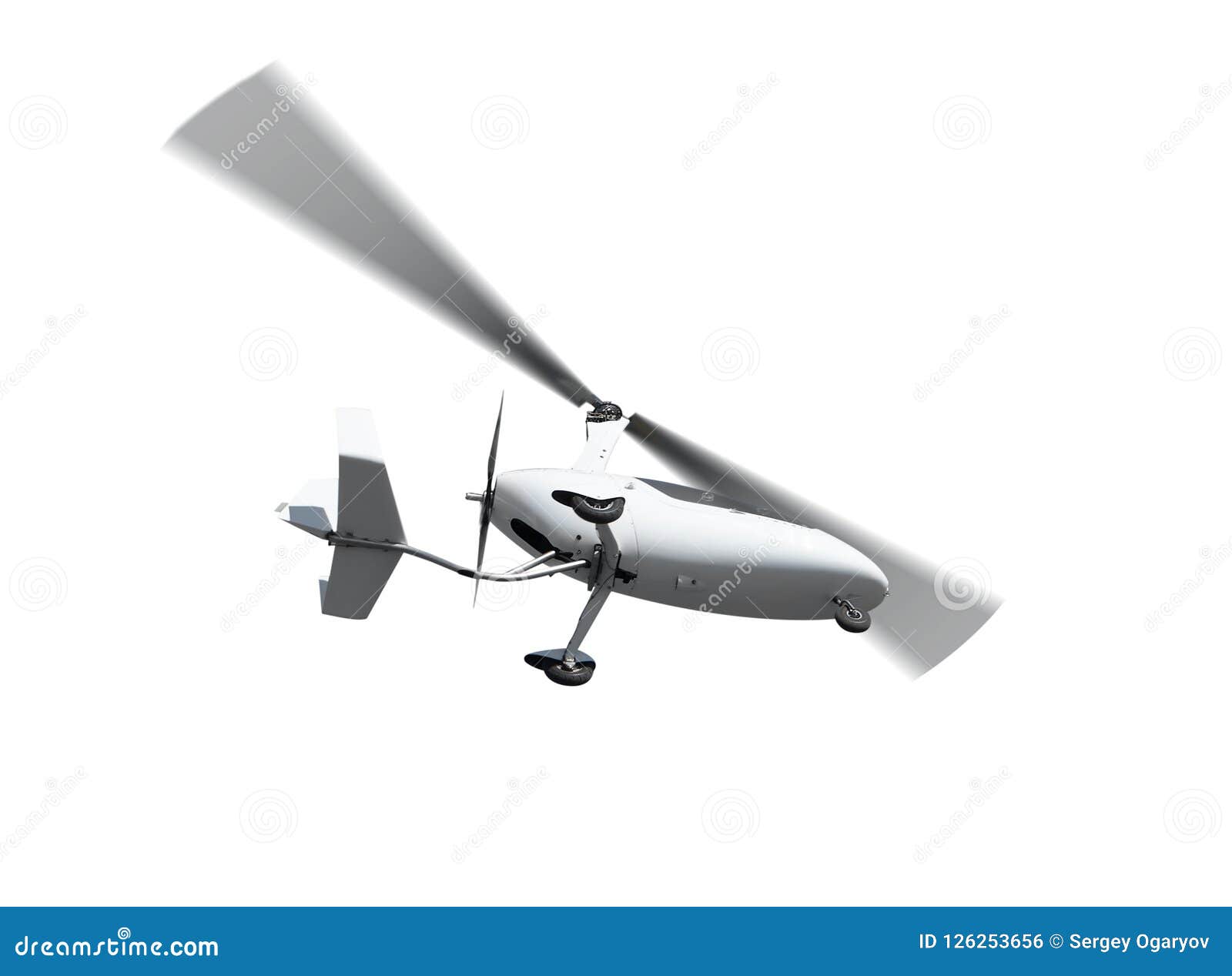 autogyro in flight with rotating propellers