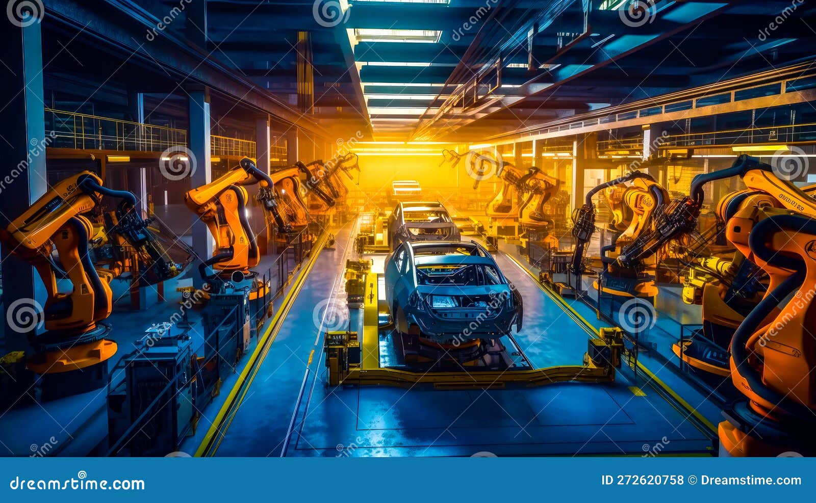 Automated Assembly Line in Factory with Robots. Generative AI Stock