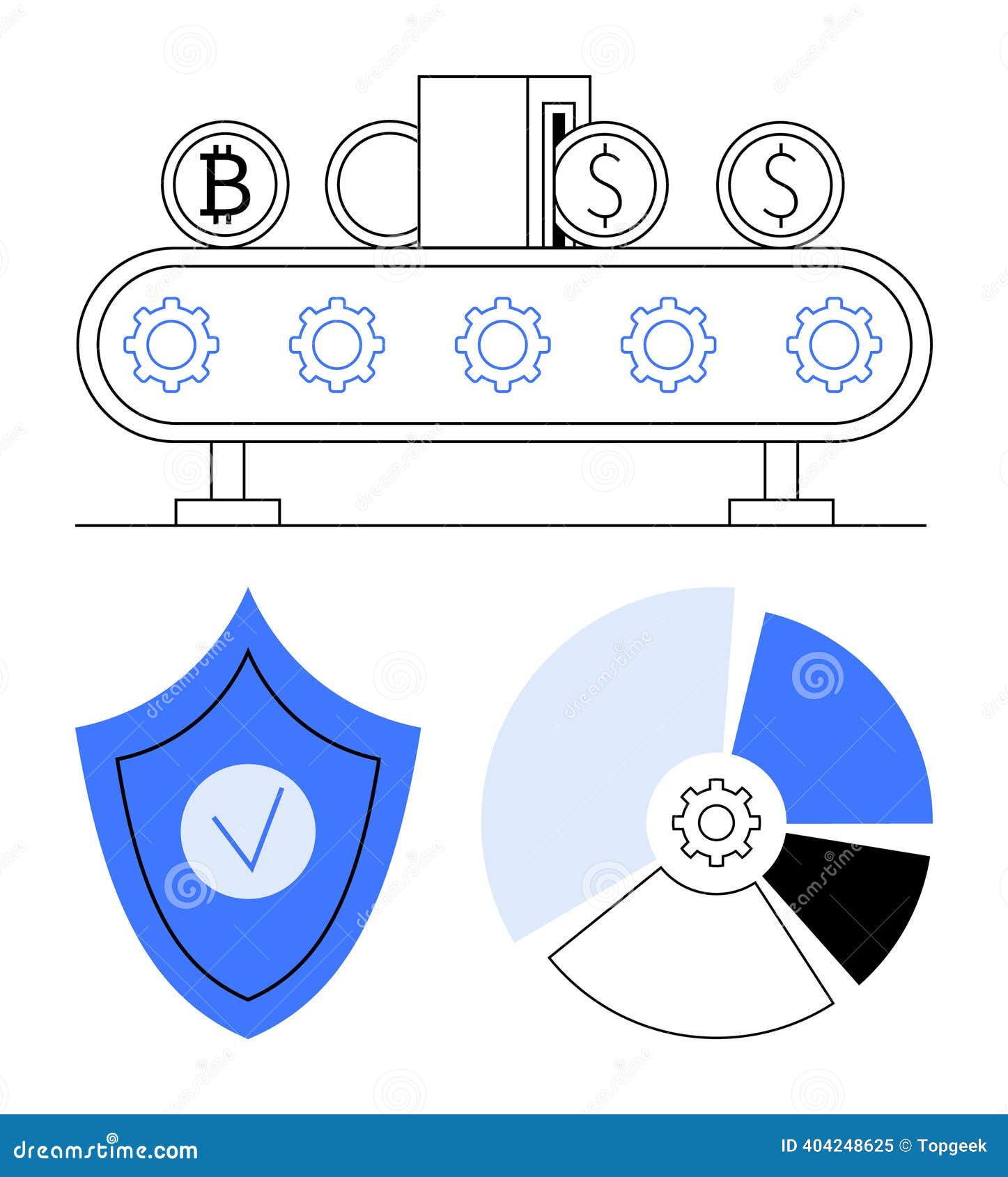 Cryptocurrency Production Conveyor Belt with Security Shield and Pie Chart  Elements Stock Vector - Illustration of conveyor, analysis: 404248625