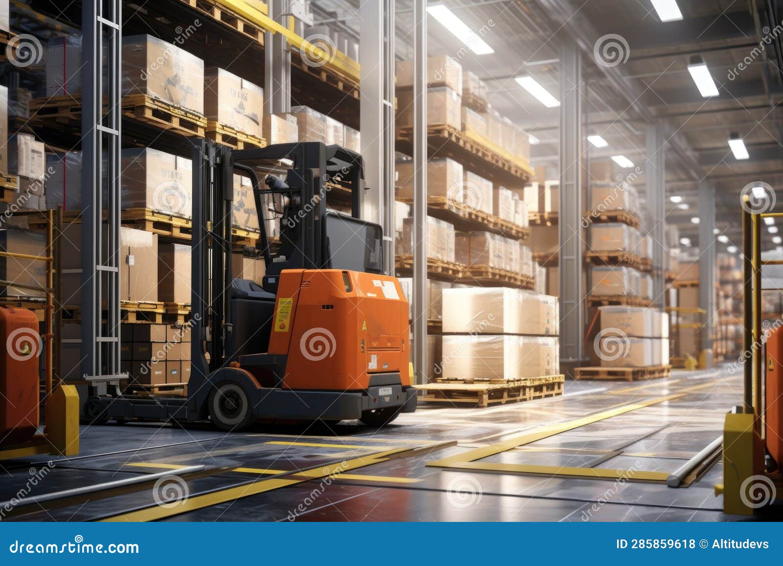Automated Forklifts Transporting Goods in Warehouse Stock Photo Image