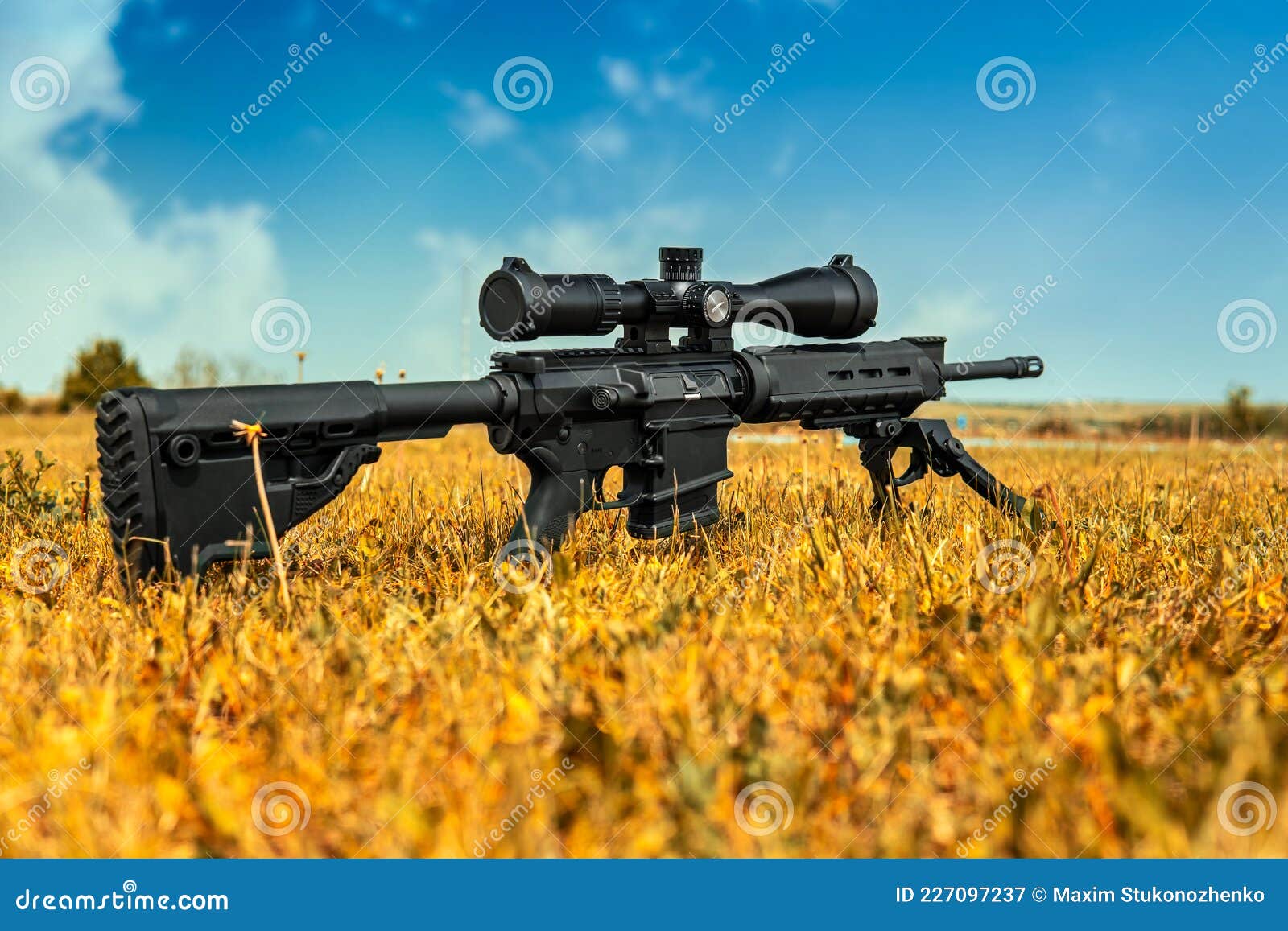 automatic carbine with a telescopic sight. a sniper weapon mounted on a bipod. gun for long-range aimed shooting