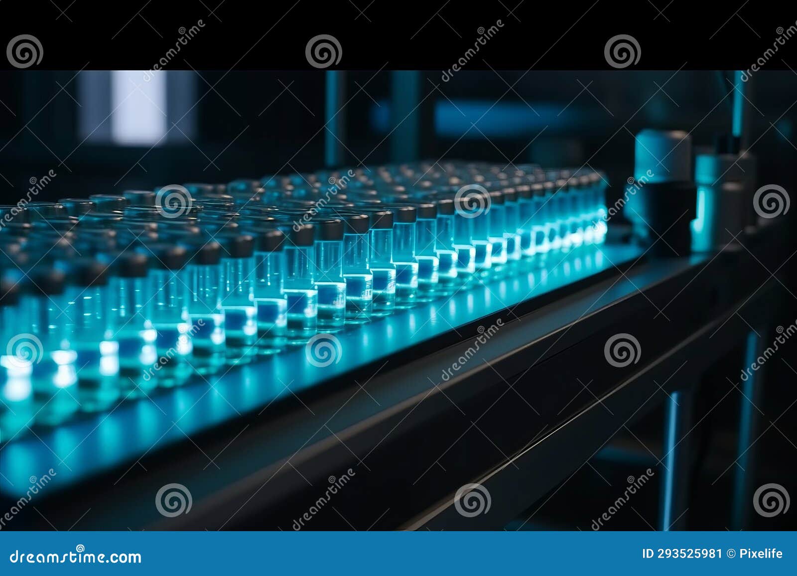 automatic conveyor belt with glass bottles of immunizing serum ai generated