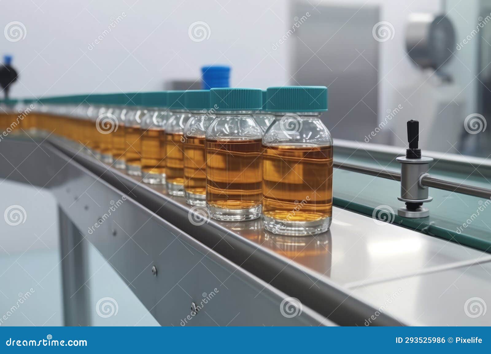 automatic conveyor belt with glass bottles of immunizing serum ai generated