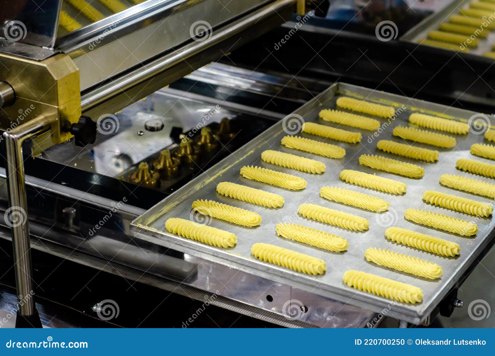 Automatic Industrial Cookie Make Machine. Cookie Line Stock Photo