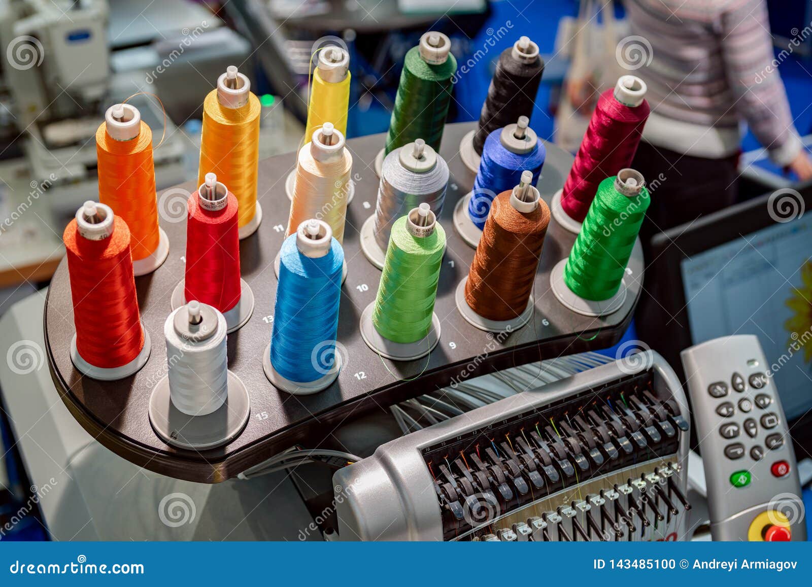 Automatic Industrial Sewing Machine for Stitch by Digital Pattern. Modern Textile Industry Stock