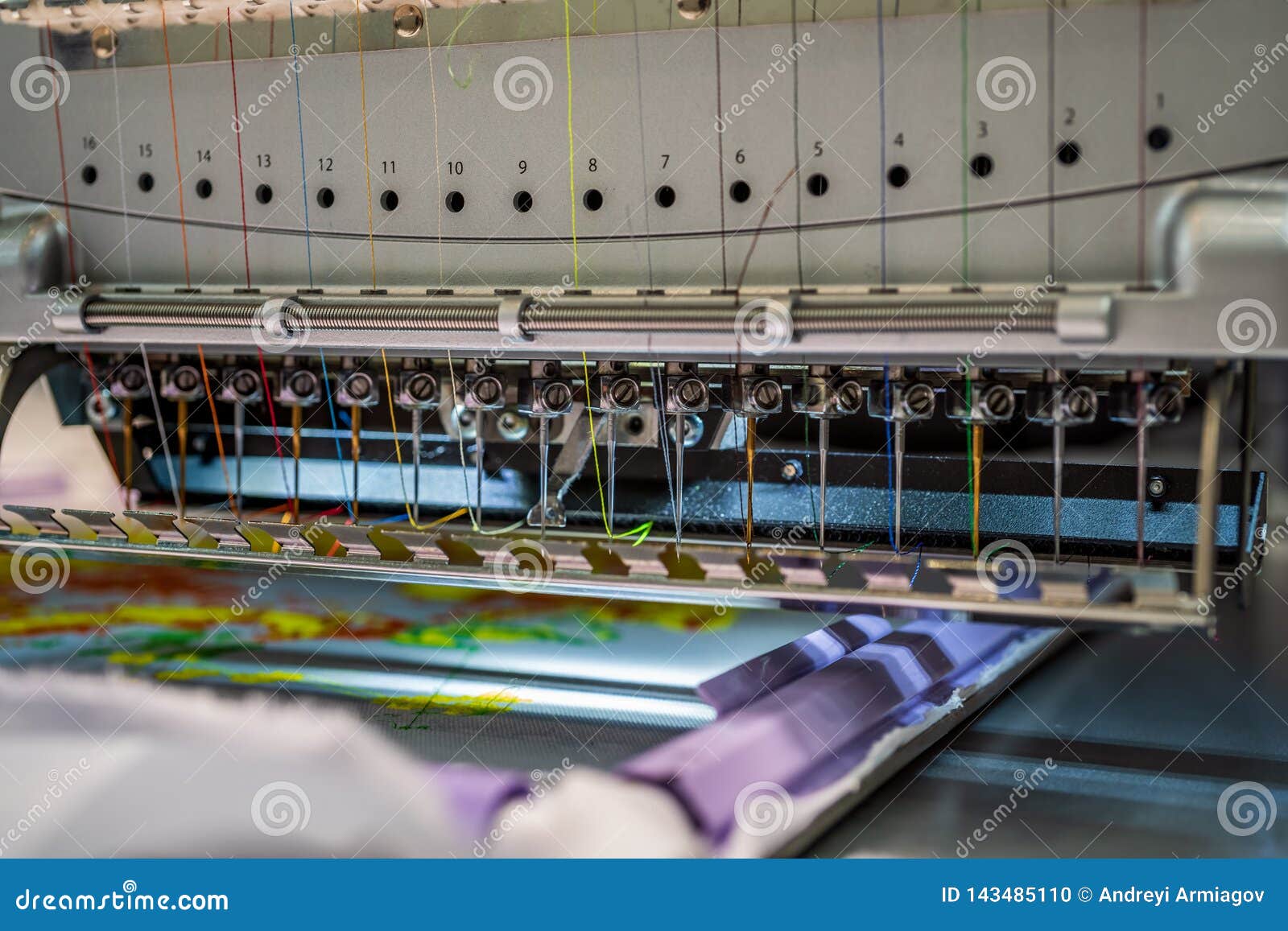 Automatic Industrial Sewing Machine for Stitch by Digital Pattern. Modern Textile Industry Stock